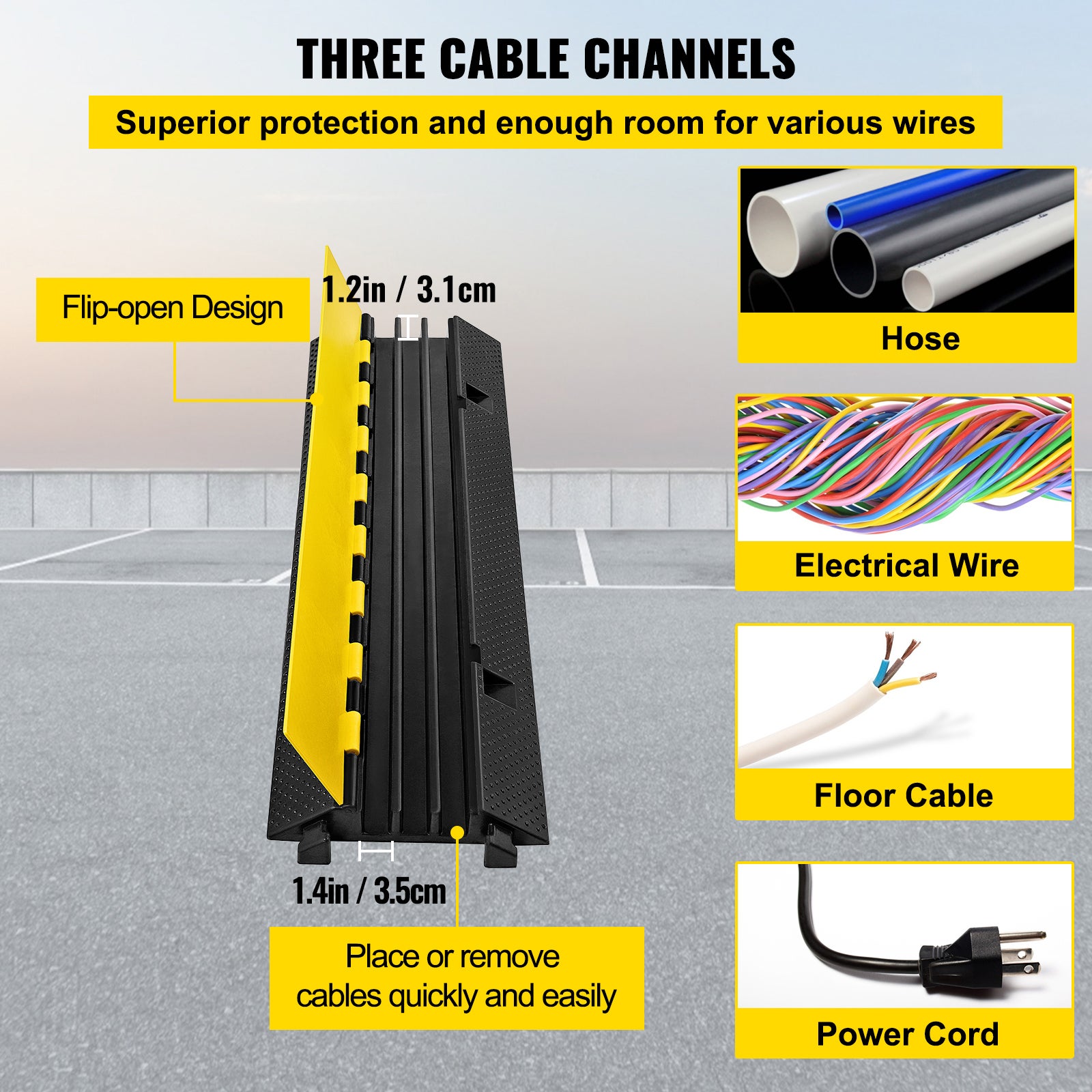 Rampe di protezione cavo gomma a SucceBuy 3 canali,1,2 x 1,2 pollici,dosatore robusto,copri-cavo per vialetto,tubo e protezione cavo - 5