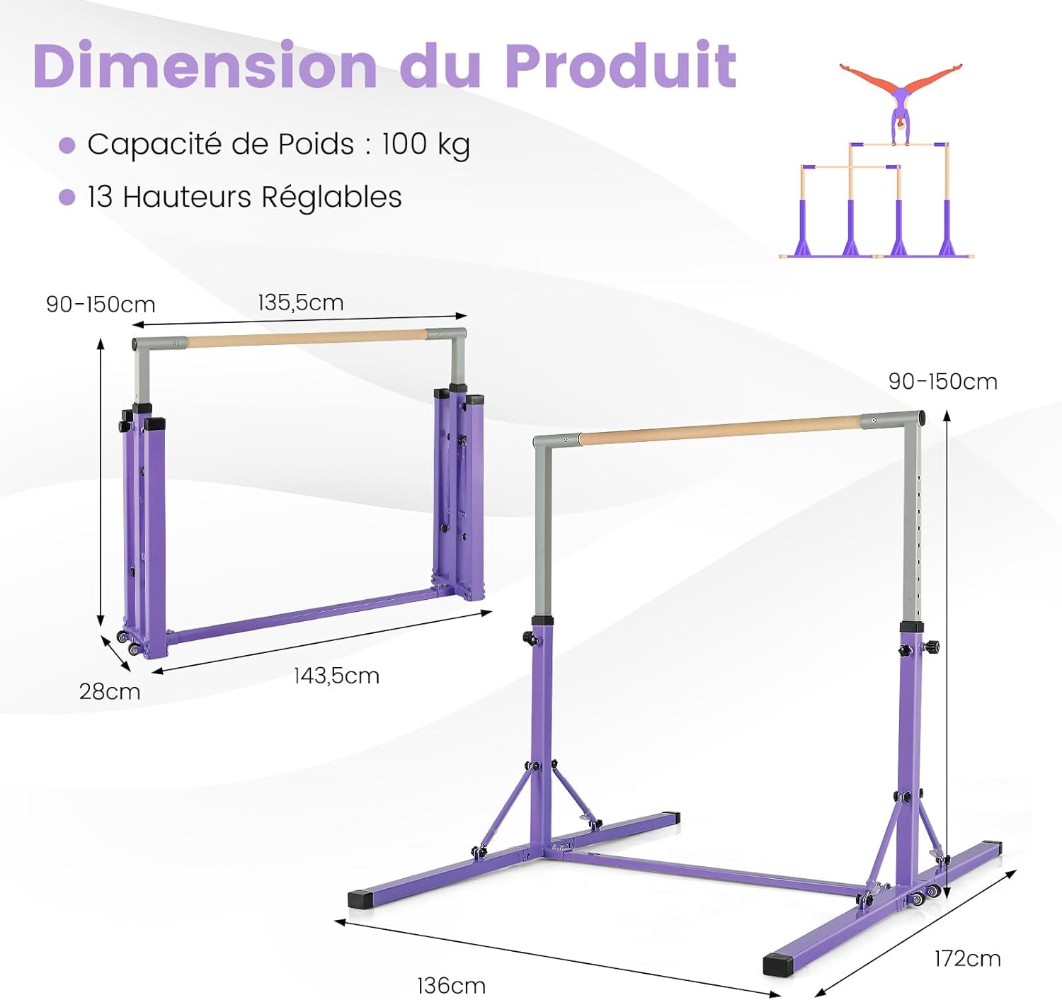 Barre de Gymnastique Pliable pour Enfants avec 13 Hauteurs Réglables (90-150cm), Barre d'Entraînement Extensible (Violet) - 5