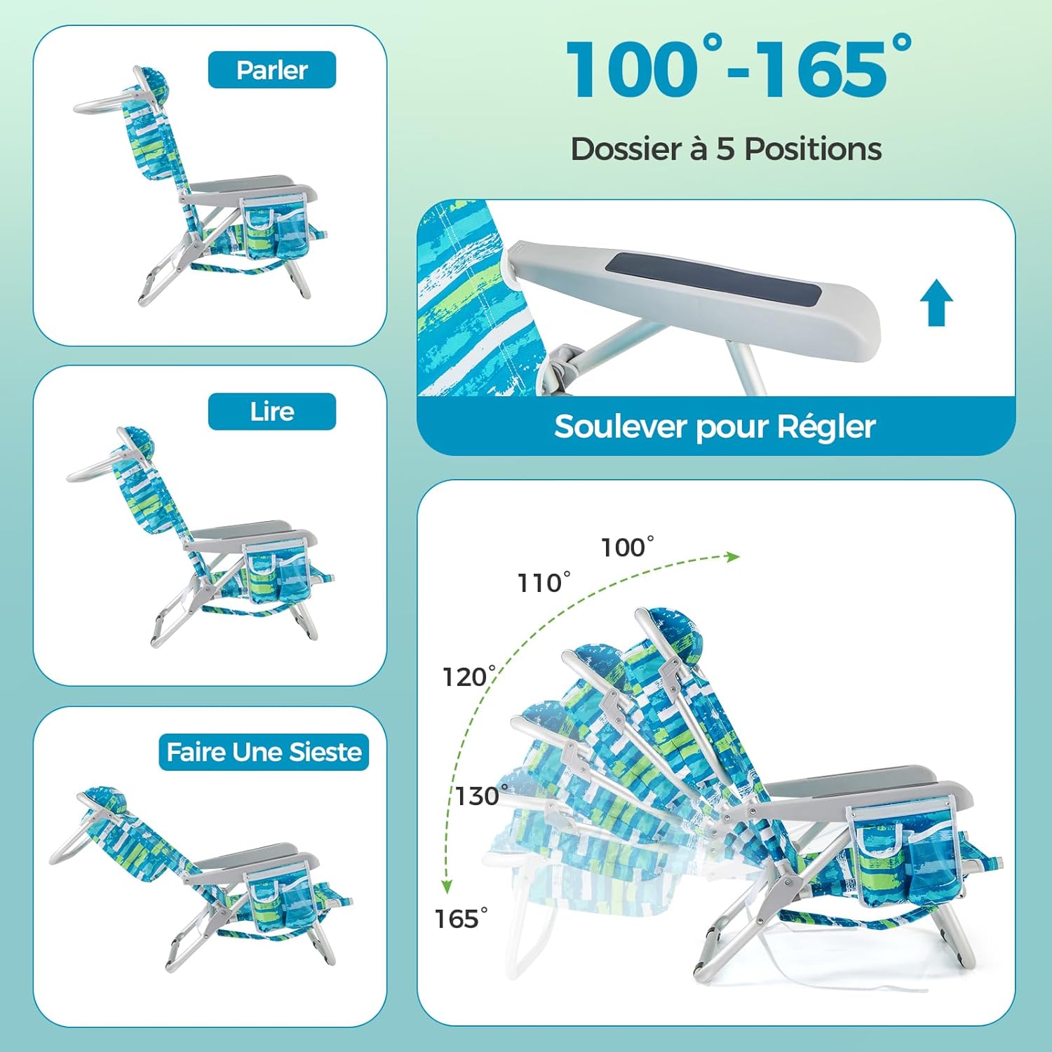 Chaise Plage Pliant pour Adulte, Camping Légère Portable en Alu., Dossier Réglable 5 Positions,Sac Rangement, Porte-Serviettes,à Plat,Charge 150KG - 5