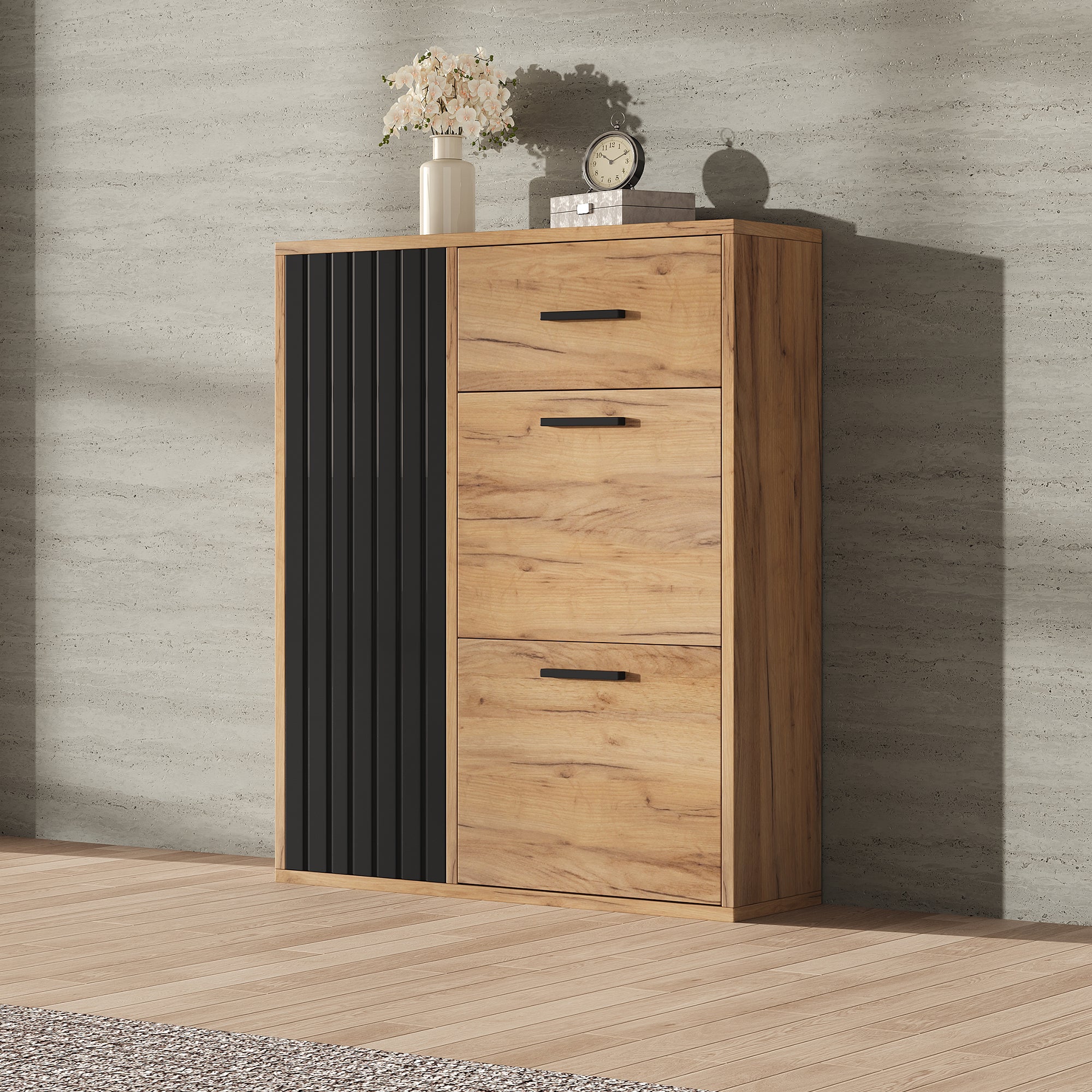 Scarpiera con 3 ante e 1 cassetto - 80 x 24 x 95,5 cm - Truciolato - Naturale + nero - 6