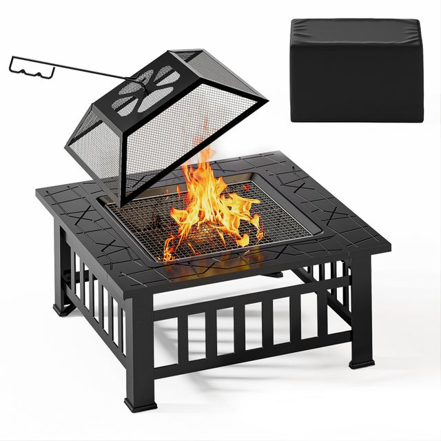 Brasero Extérieur Carré Acier 81 x 81 x 48 cm- 3 en 1 avec Fonction Barbecue&nbsp;avec Grille Tisonnier et Couvercle Bealife