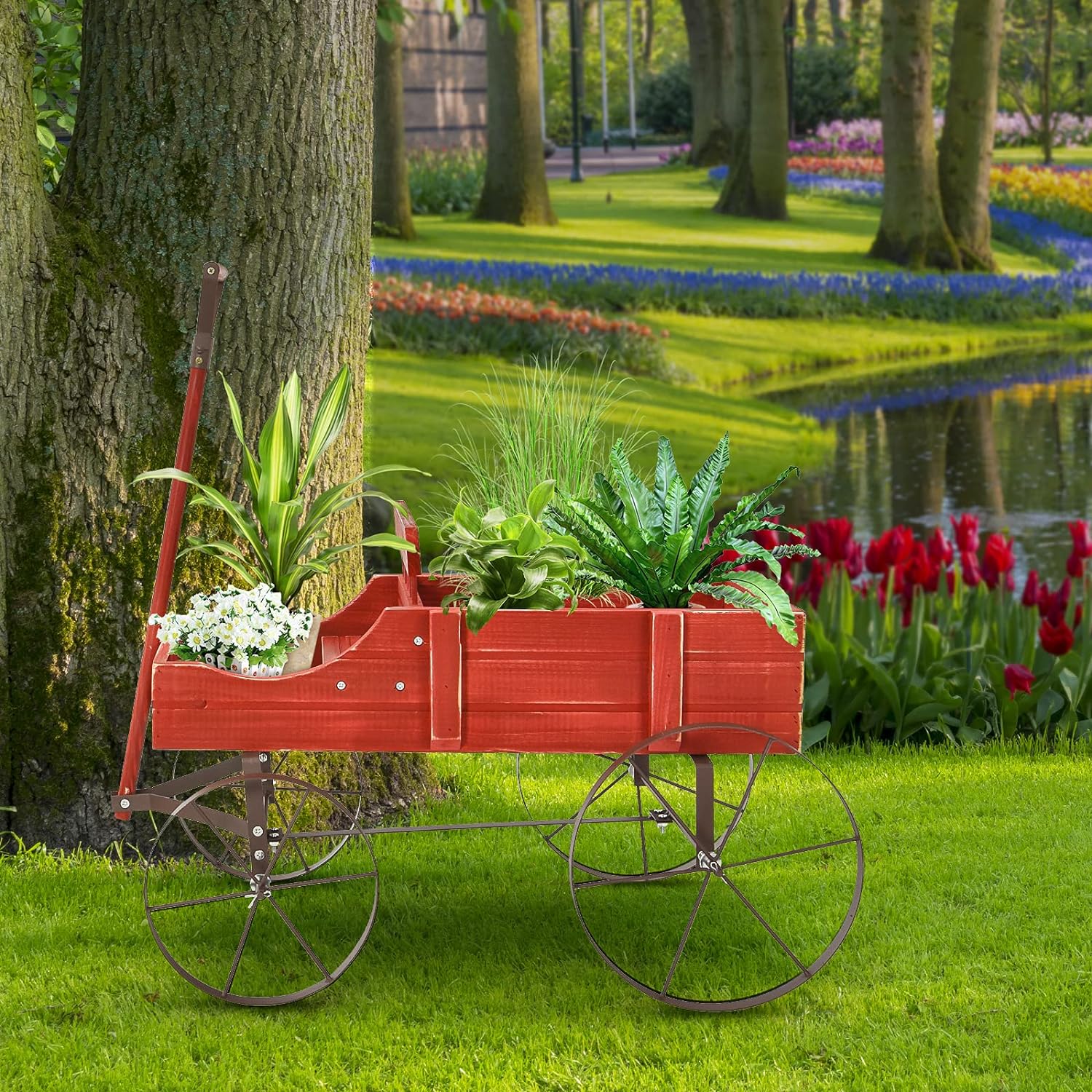 Brouette Décorative en Bois- 35×62,5×60cm- 2 Compartiments à Plantere-Jardinière Forme Brouette Chariot-Jusqu’à 15kg-Rouge - 8