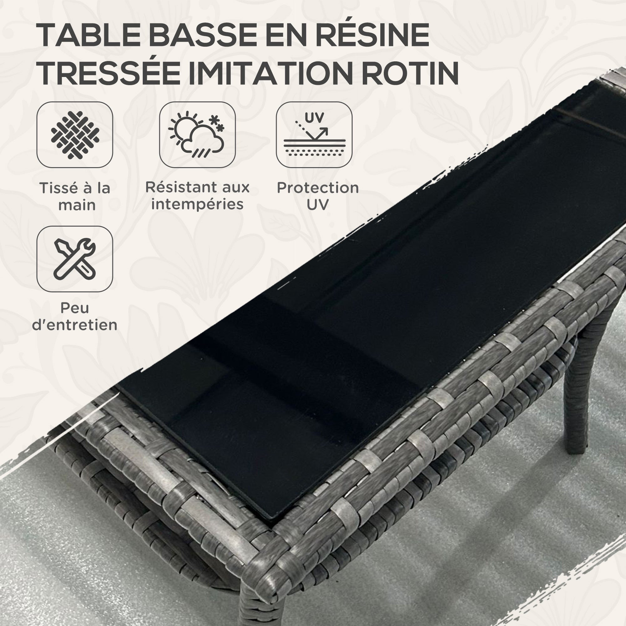 Table basse de jardin carré en Résine tressée Gris 4 places - 4