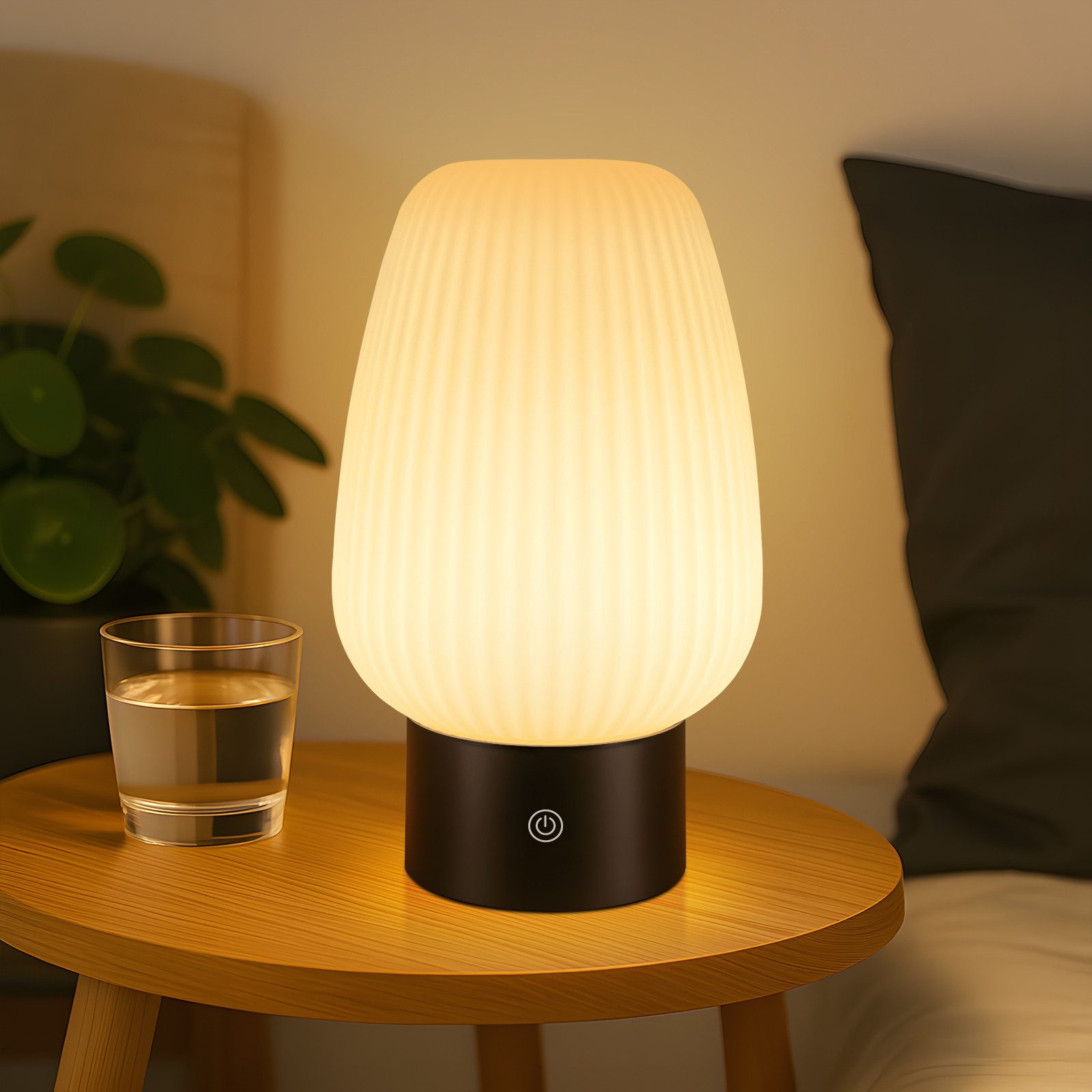 NETTLIFE Bezprzewodowa lampa stołowa LED z akumulatorem – lampa dotykowa USB, białe szkło, ściemnialna w zakresie 3000–6500 K, IP44