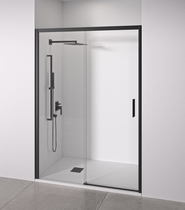 BELLOBATH - Mampara de Ducha Frontal Corredera + Fijo - Vidrio Templado 6mm Antical - Negro Mate - Ancho 125 a 130cm - Puerta Derecha -Alto 195cm
