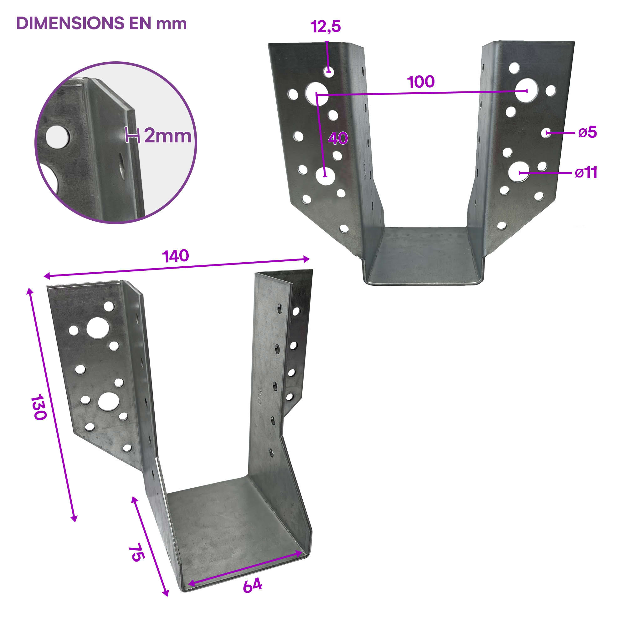 10 sabots de charpente à ailes extérieures - Connecteurs de poutres - Acier galvanisé - Larg 64 x Ht 130 mm - Fabriqué en Europe - 2
