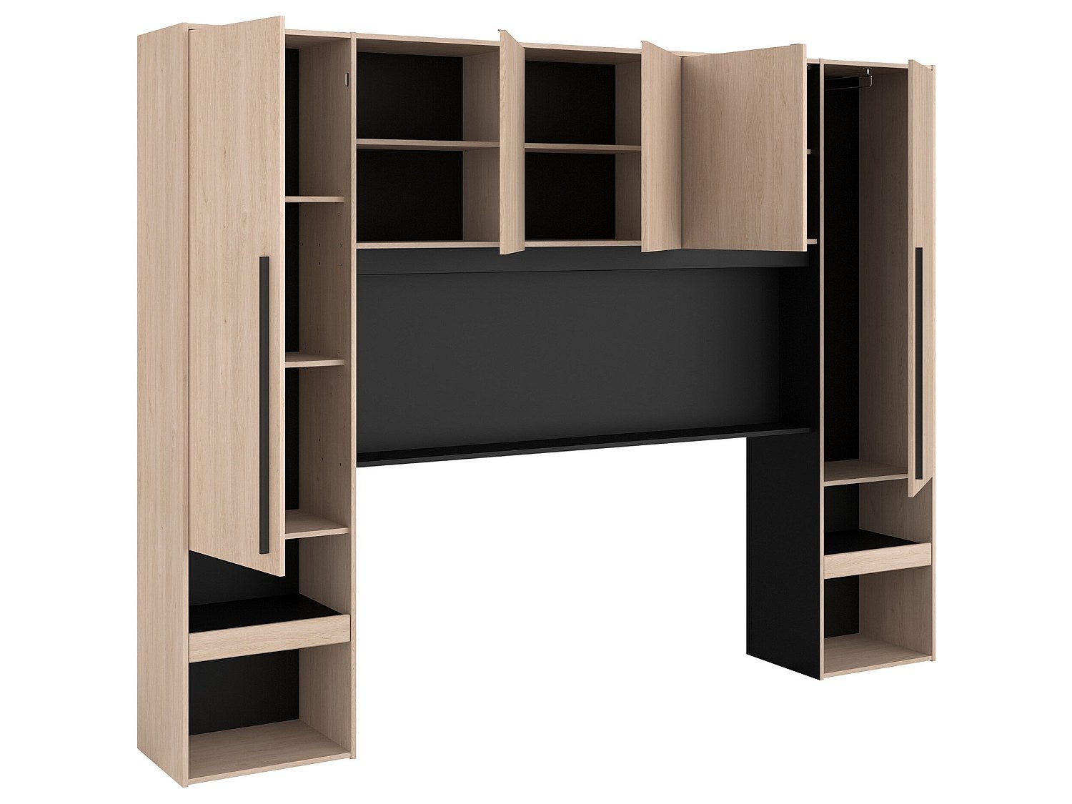 Pont de lit avec rangements - Avec LEDs - L265 cm - Coloris : Naturel et noir - VELONA - 6