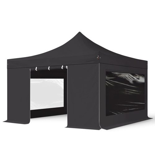 4x4 m gazebo pieghevole PVC ignifugo con 4 laterali (finestre panoramiche), PREMIUM acciaio, nero