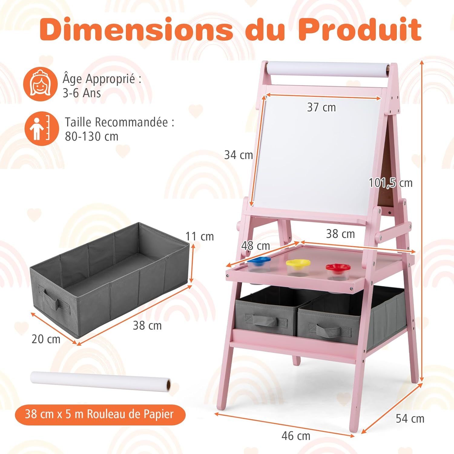 3 en 1 Chevalet d'Art Enfant avec Tableau Noir & Blanc Magnétique, Tableau Enfant Double Face avec Rouleau de Papier & 2 Bacs en Tissu (Rose) - 3