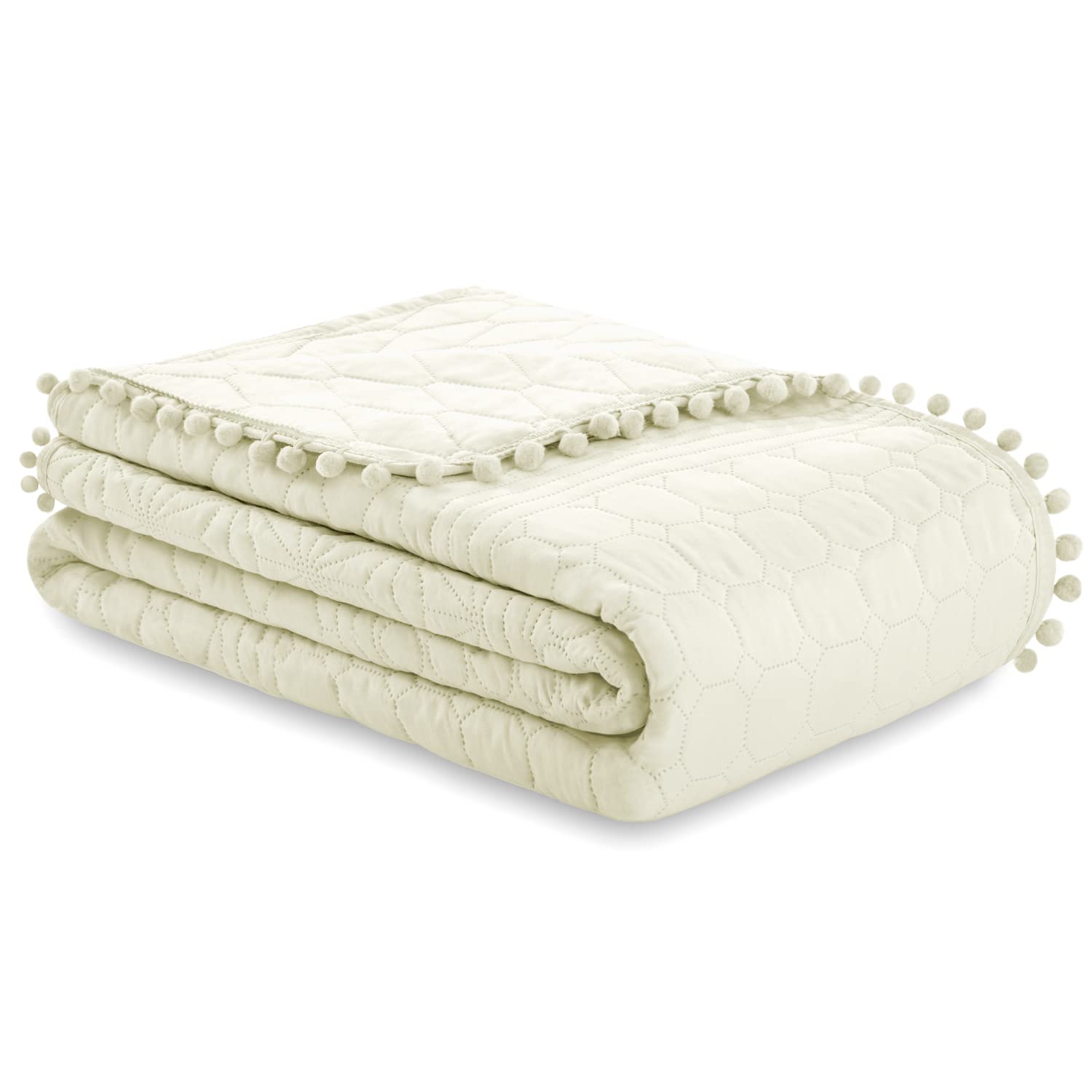 AmeliaHome Copriletto con pompon 240 x 260 cm, double face, Ultrasonic, trapuntatura in poliestere, Meadore, color crema - 4