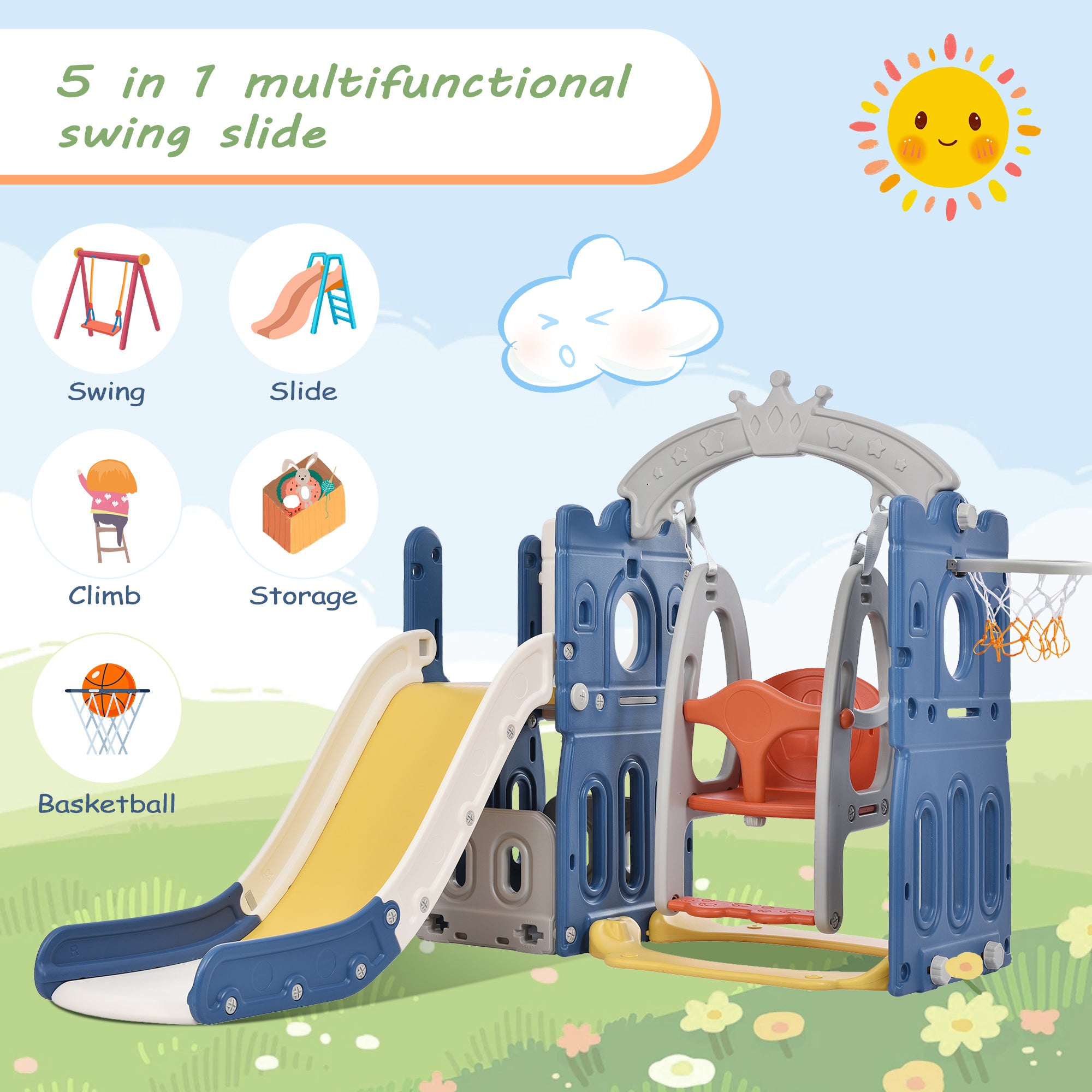 Toboggan et jouets d'escalade pour enfants 5 en 1, rangement , balançoire, cadre de basket-ball en PEHD (les balles océaniques ne sont pas incluses) - 2