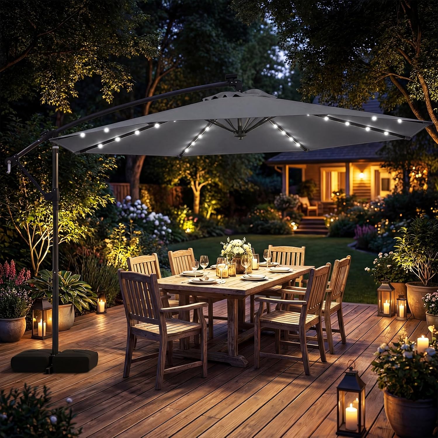 Guarda-sol inclinável 3,5x3,5 m, guarda-sol de jardim exterior luminoso solar com 2 sacos de areia, proteção UV - 6