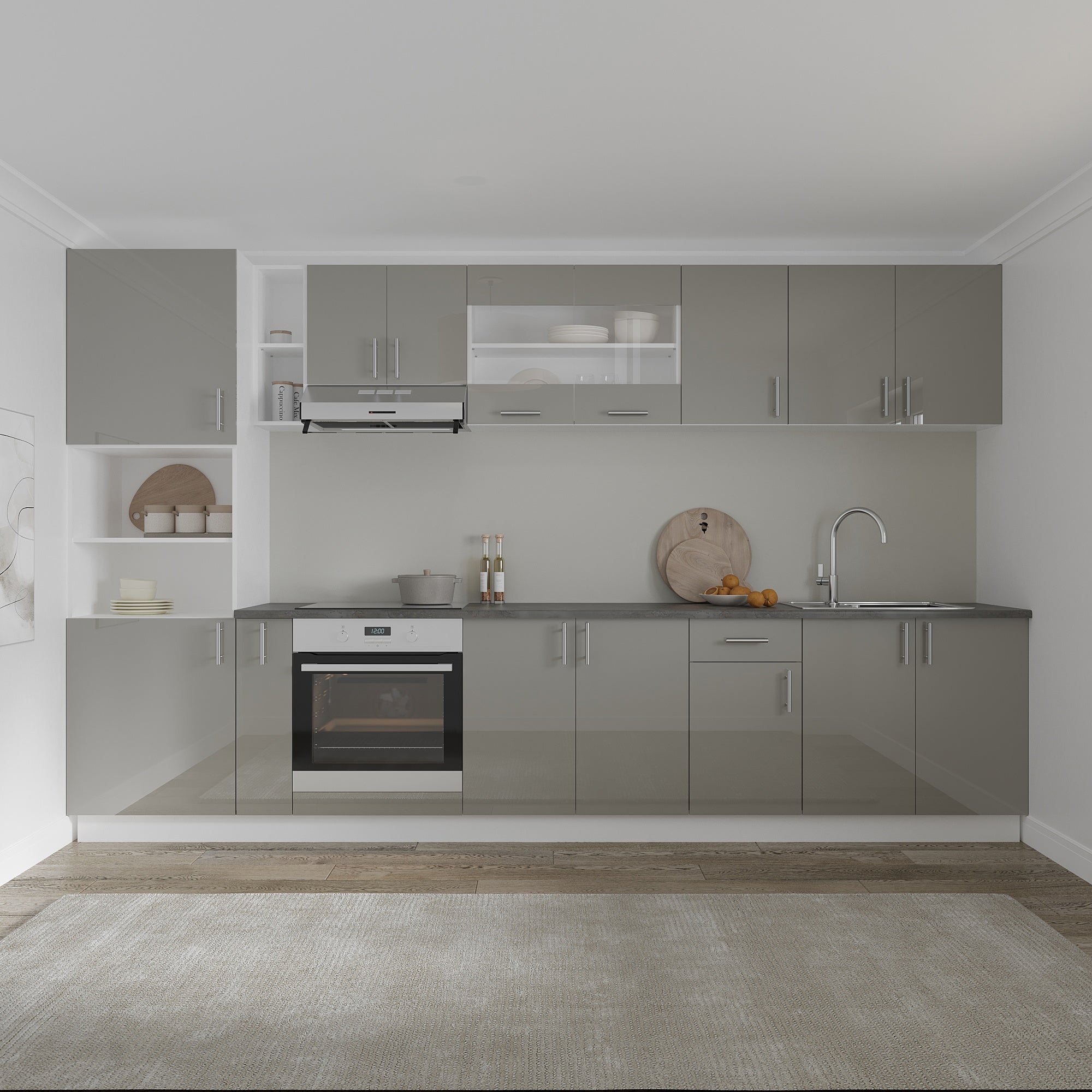 Set cocina haaus karo v33, gris brillante/blanco, mdf, encimera thermo 28 mm, l 340 cm