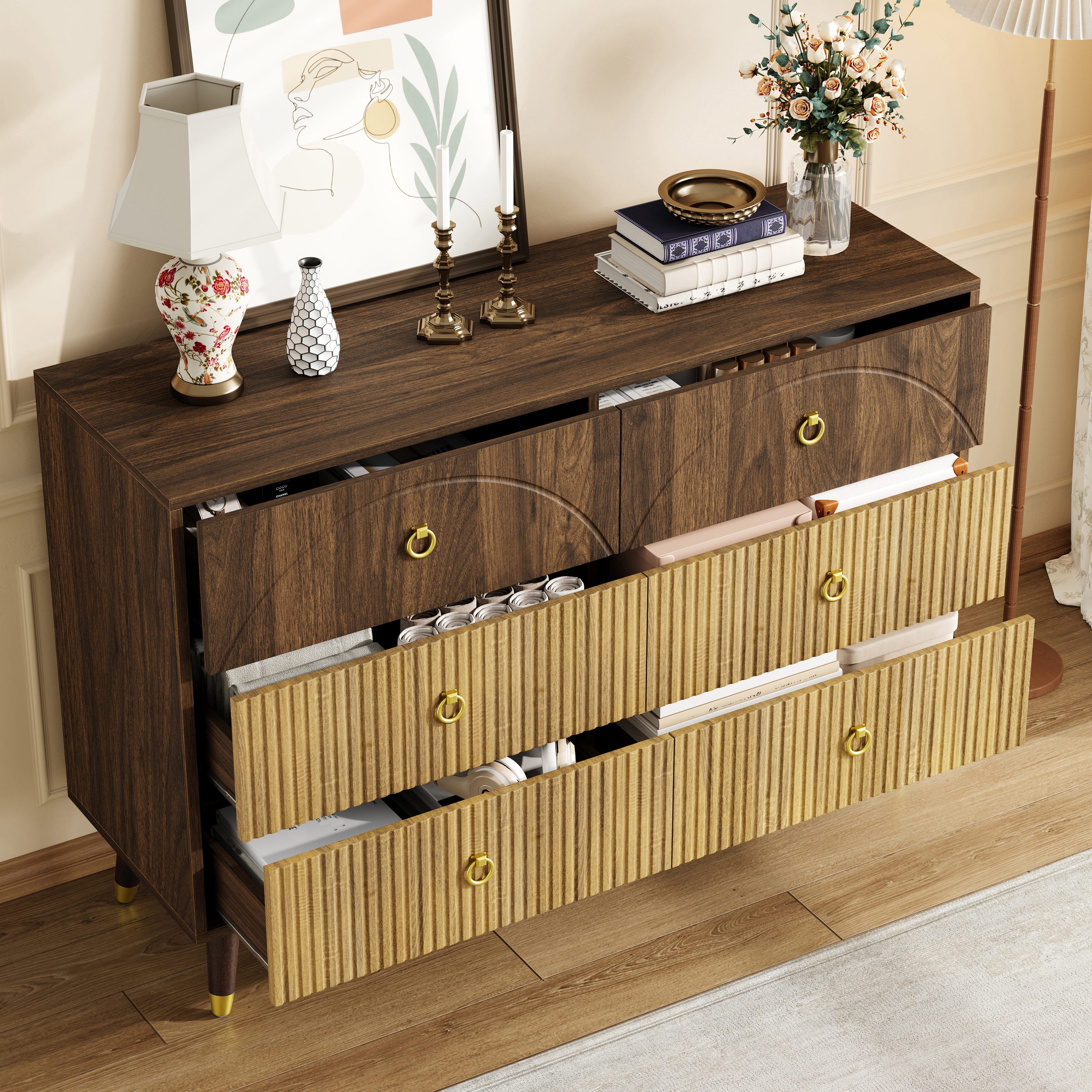 Commode vintage 120x40x81 cm avec 6 tiroirs et poignées annulaires ...
