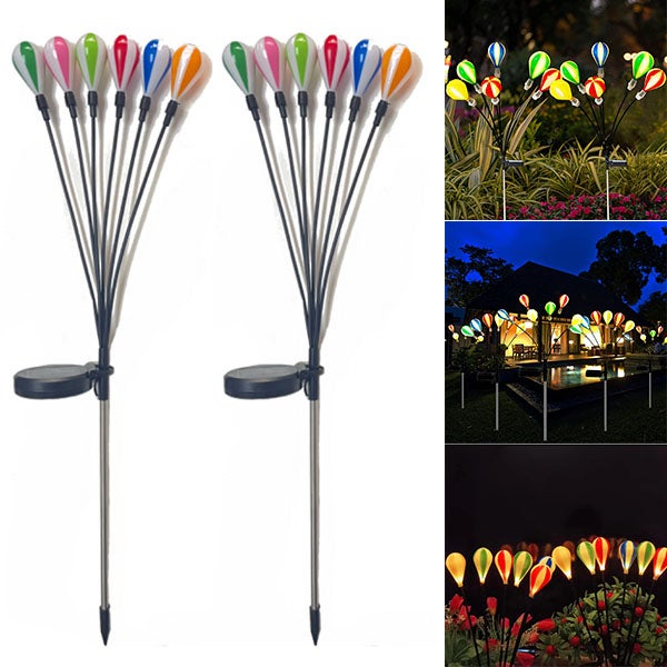 2 sztuki dekoracji na zewnątrz, ledowy balon na ogrzane powietrze solarny, lampa trawnikowa, girlanda ogrodowa - ciepłe światło - 6 główek