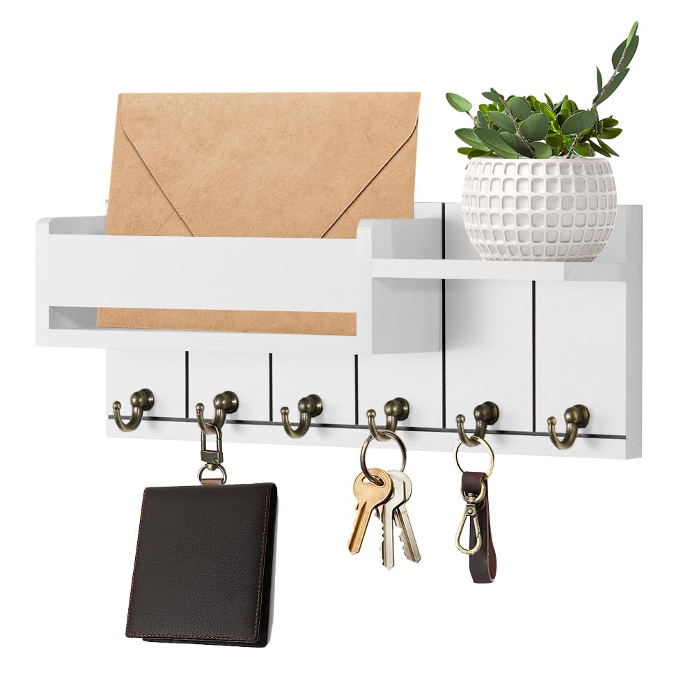 Duisoad Boîte à Clés Murale Bois Blanc – Armoire à Clés Décorative Avec 6 Crochets & Motif Oiseau Élégant 27,5x22 Cm