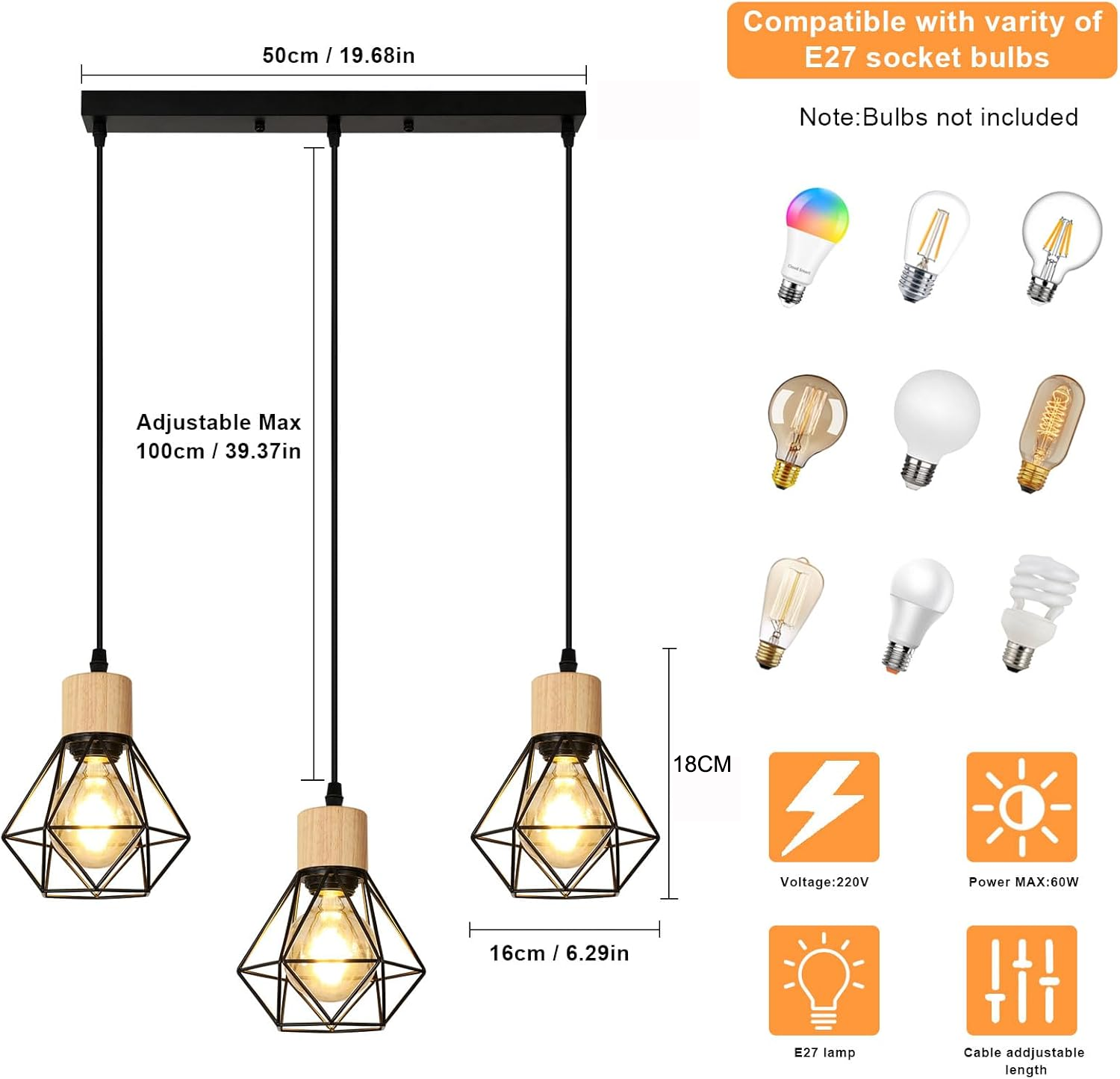 Lustre industriel, plafonnier cage en métal, suspension vintage, lampe suspendue, longueur de corde de suspension réglable (sans ampoule) - 4