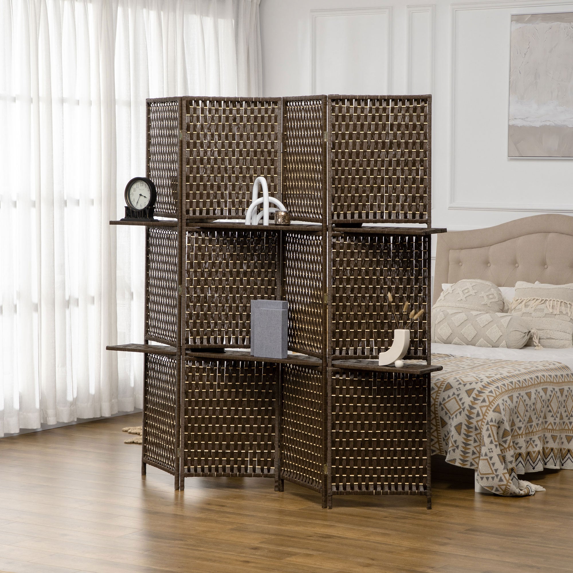 Paravent intérieur séparateur pièce 4 panneaux 2 étagères bois pin tressée fibres papier 181x180 cm marron - 3