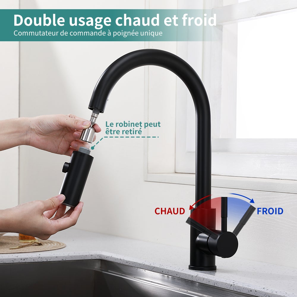 Robinet de Cuisine Douchette Extractible Mitigeur Cuisine Noir avec 2 Modes de Pulvérisation Robinetterie de Cuisine Robinet d'évier à Arc Élevé - 4