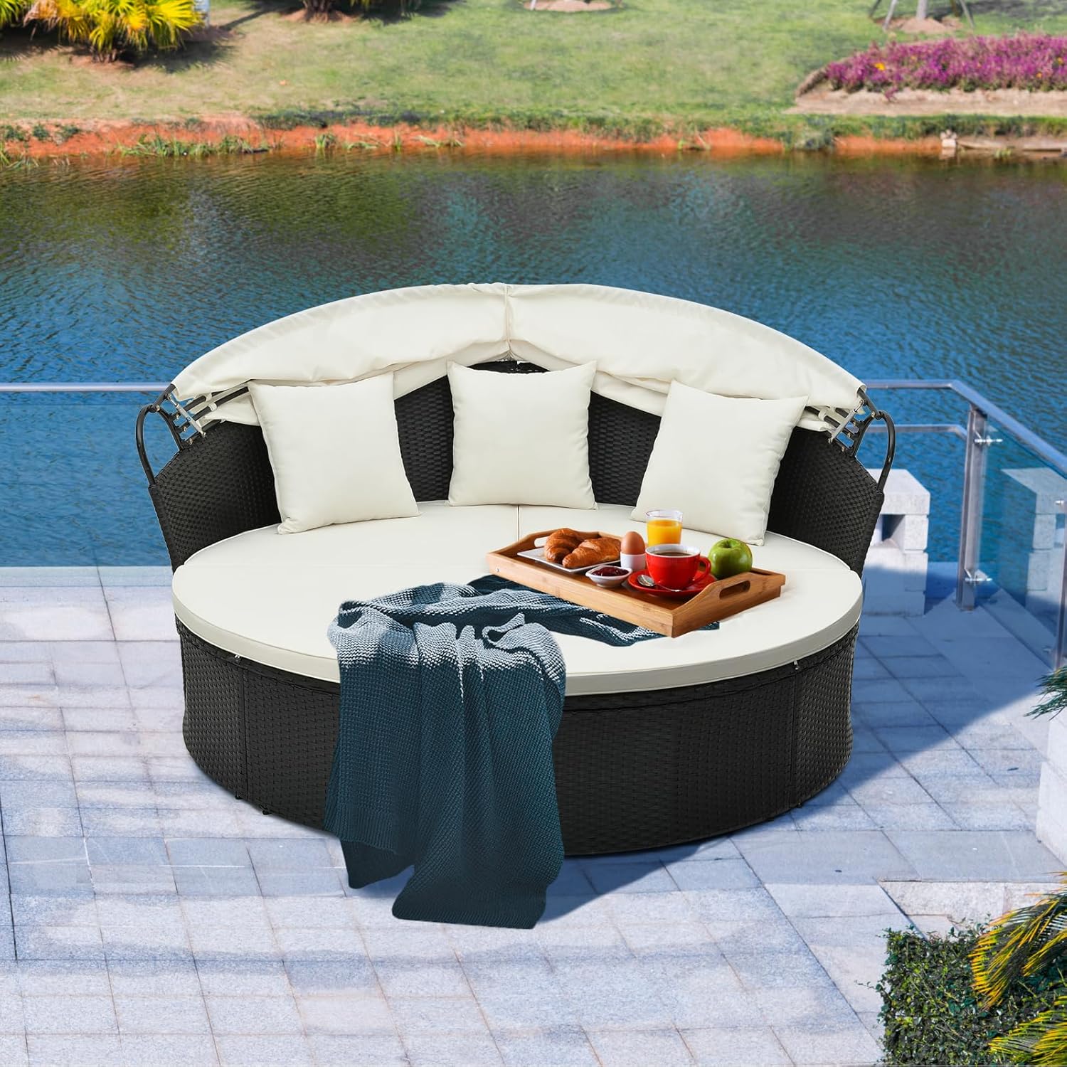 GIANTEX Lit de Jardin Rond en Rotin PE avec Auvent Rétractable, avec Coussins et Oreillers Amovibles Charge 360KG,pour Jardin Porche,Blanc - 3