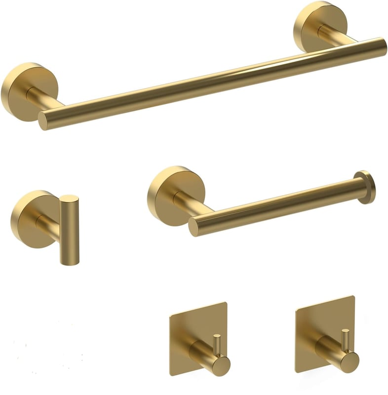 Zestaw 5 wieszaków na ręczniki – drążek na ręczniki 40 cm, uchwyt na papier toaletowy, haczyk ścienny, wieszak na ubrania, złoty