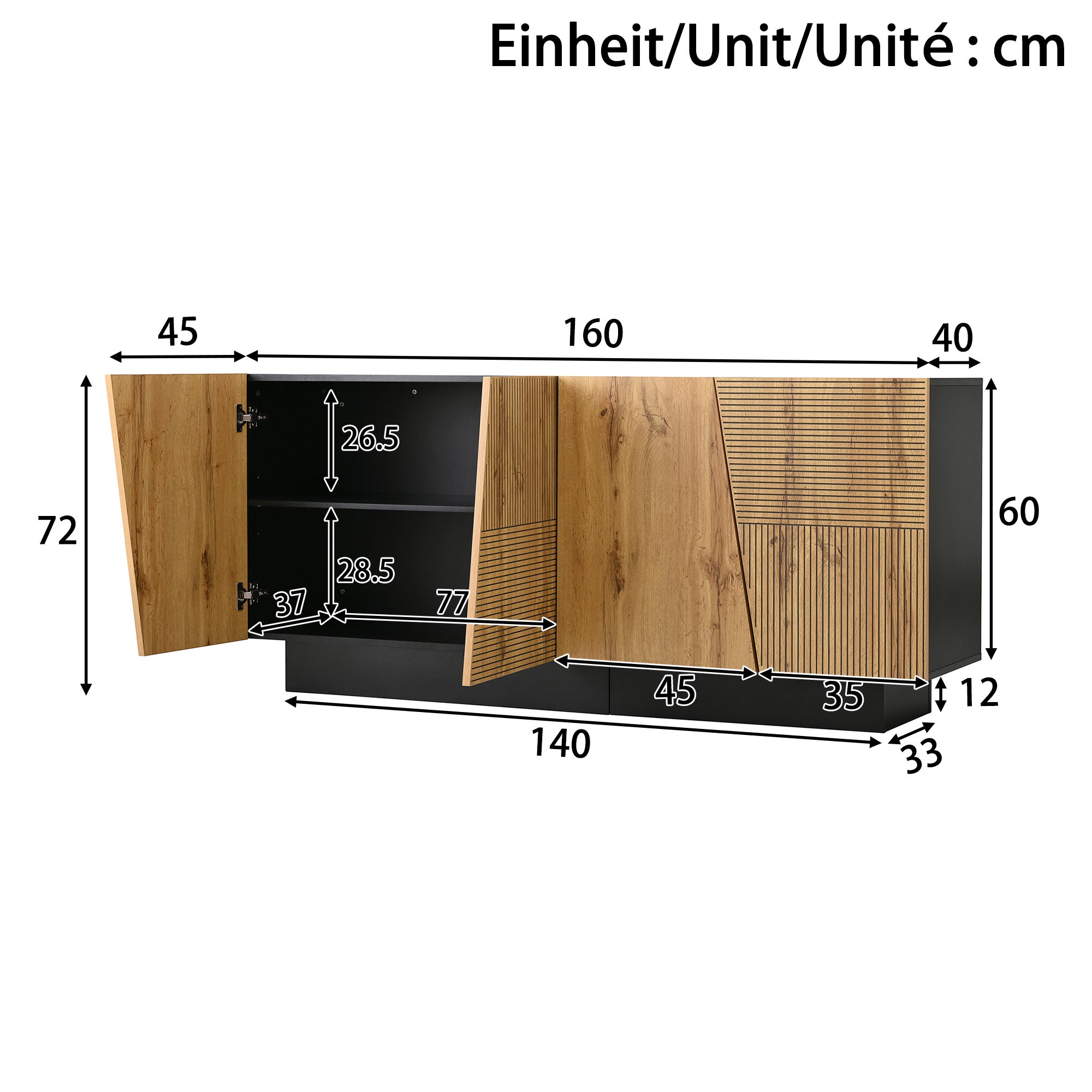 Nowoczesna komoda z 4 drzwiami - 160 x 40 x 72 cm - Płyta wiórowa - Drewno i czerń - 6