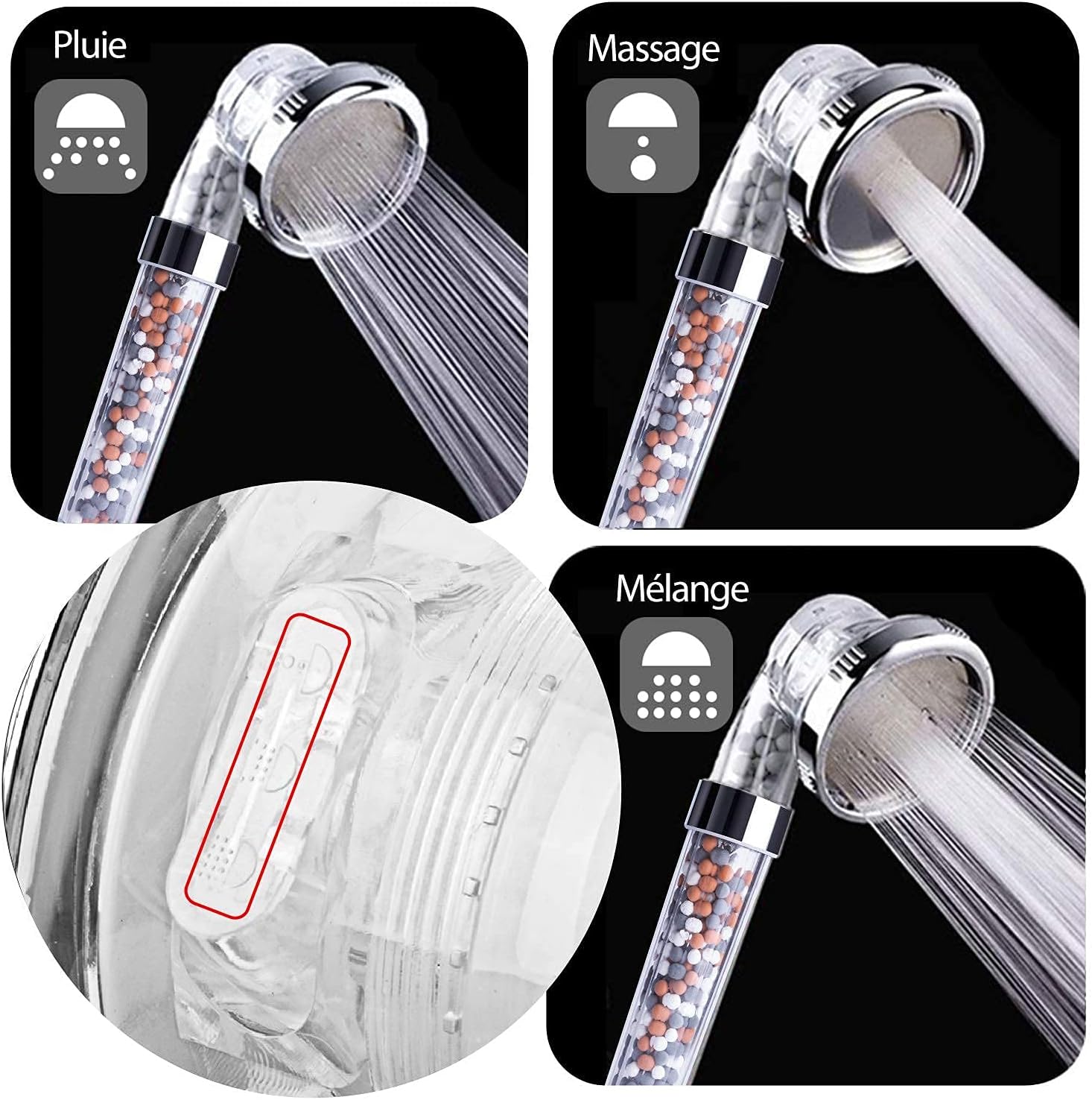 Pommeau De Douche Haute Pression Avec Filtre - 5 Types De Jets, Buses Silicone - Inclut 5 Cartouches Filtrantes - Réglable