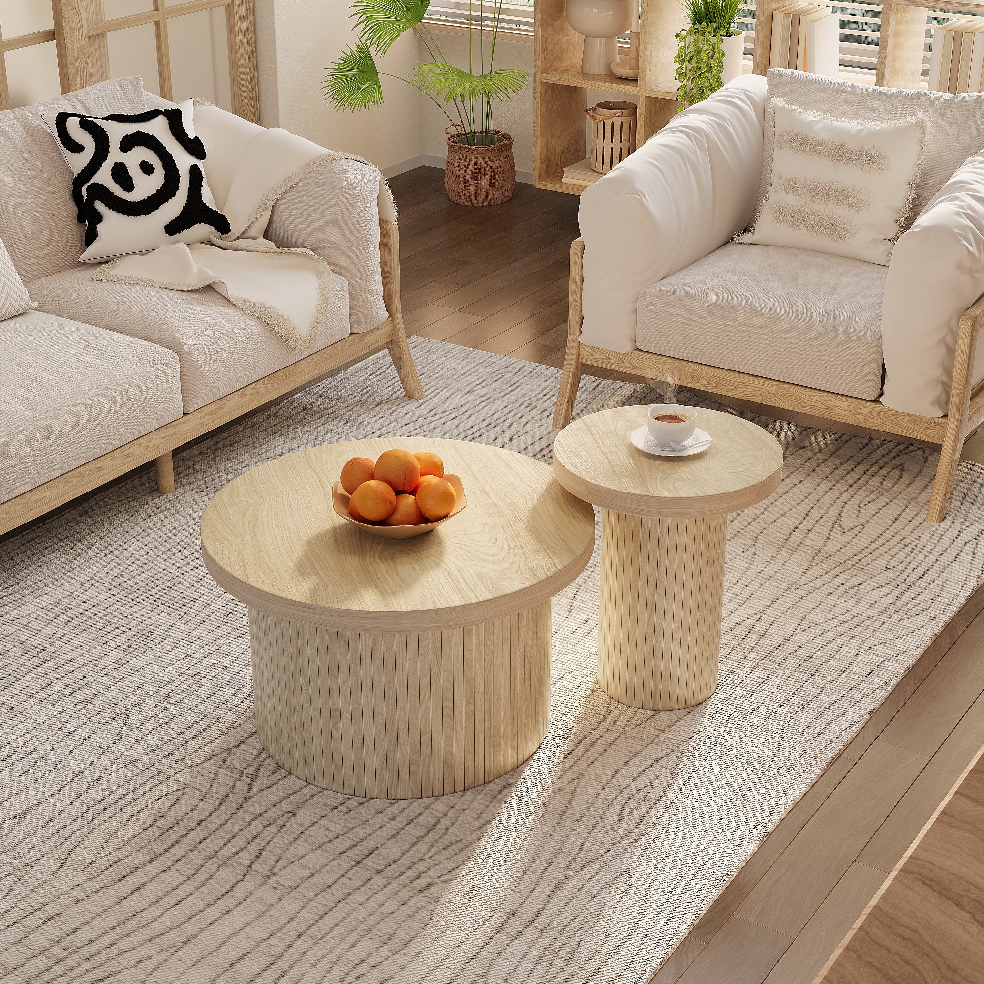 Zestaw 2 składanych stolików kawowych, stolik pomocniczy - śr. 66 x wys. 40 cm + śr. 40 x wys. 46 cm - MDF - Naturalny