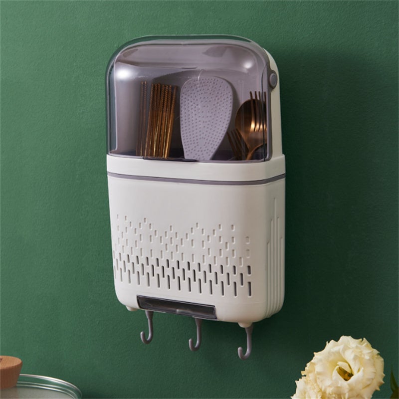 Uchwyt na przybory kuchenne, nie wymaga wiercenia, montowany na ścianie, uchwyt na sztućce z odpływem, uchwyt na widelec i łyżkę, 19×8,5×30 cm - biały