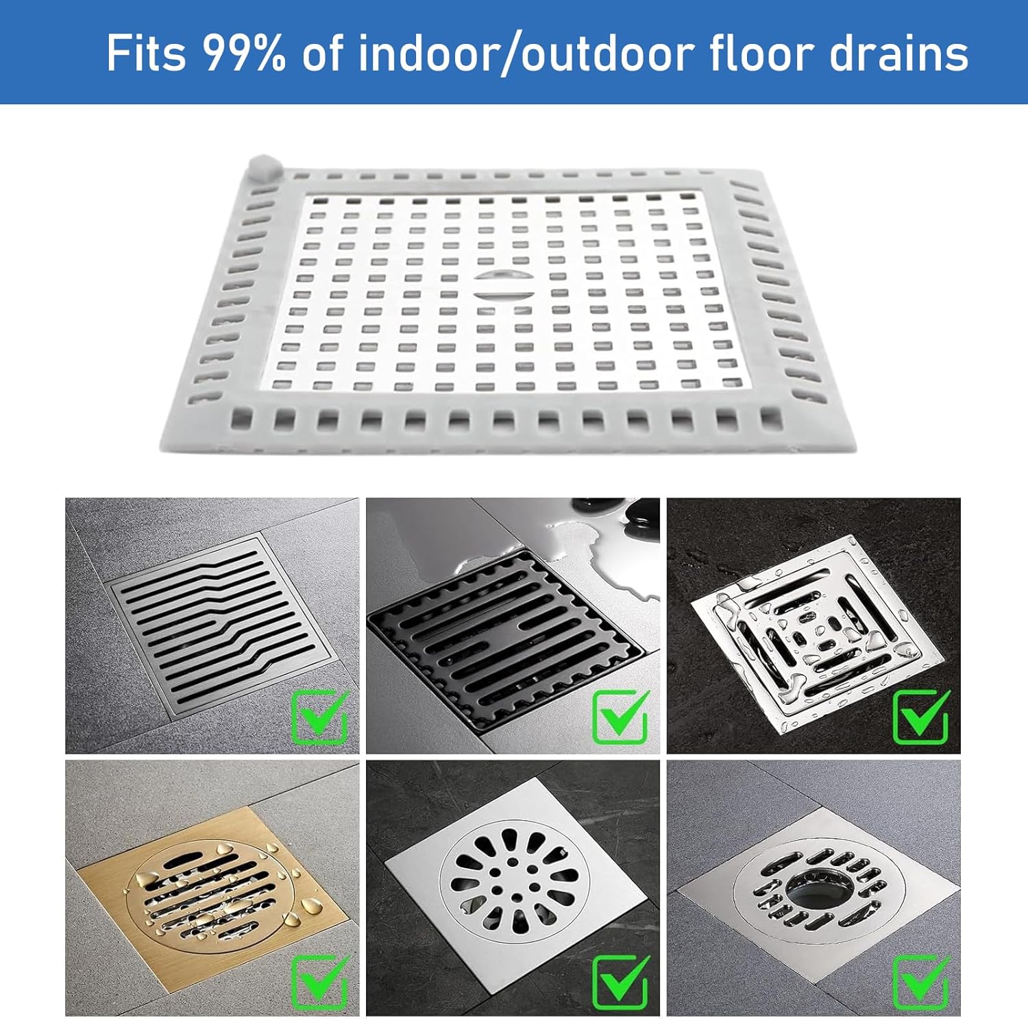 Grille de douche anti-cheveux - Attrape-cheveux carré pour douche - 12,2 x 12,2 cm - pour salle de bain et cuisine - Argent - 7