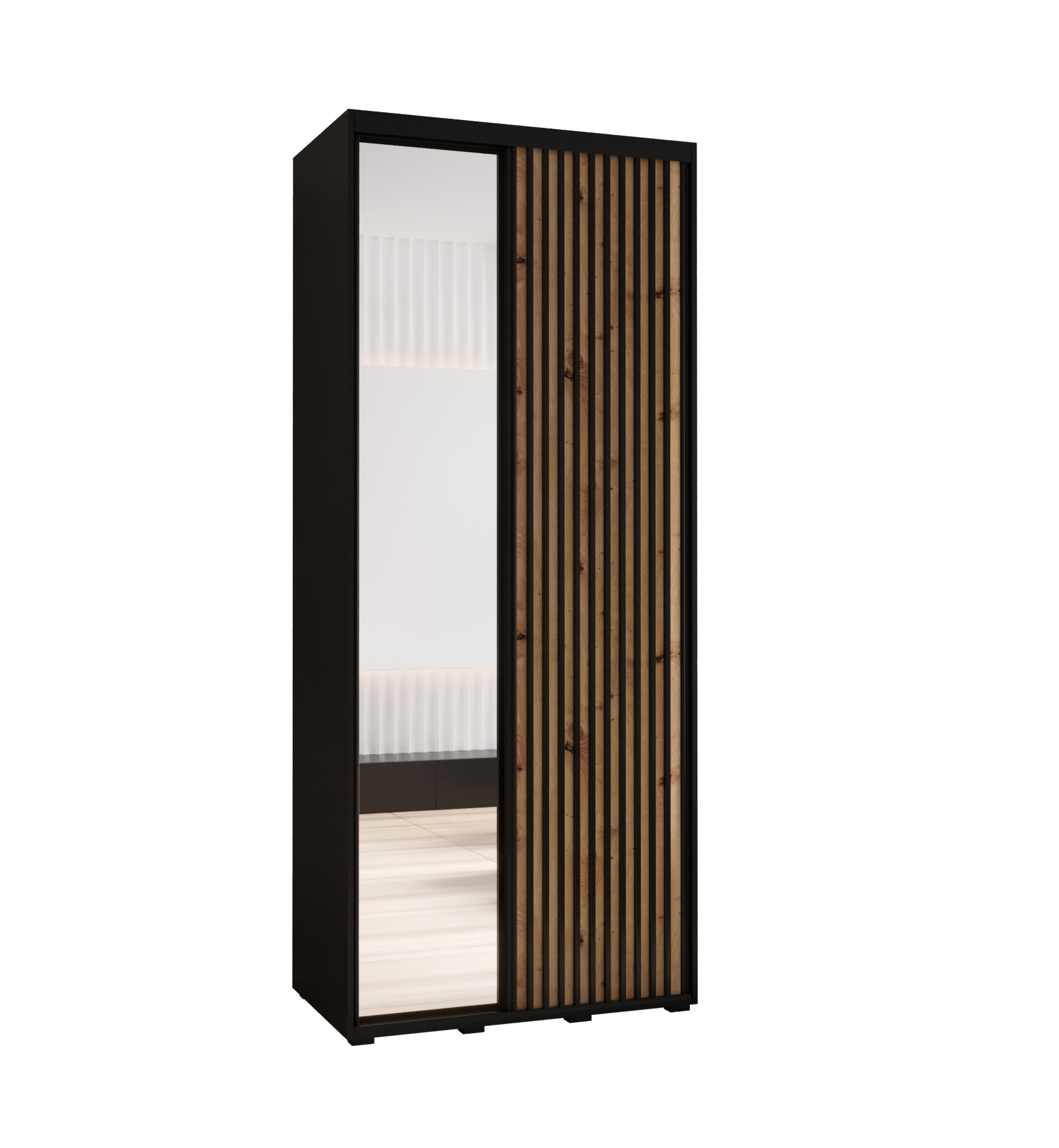 Szafa przesuwna z lustrem wysoka Lanko 2 110 x 45 x 235,2 cm czarny + artisan + lamele czarny - Abiks Meble