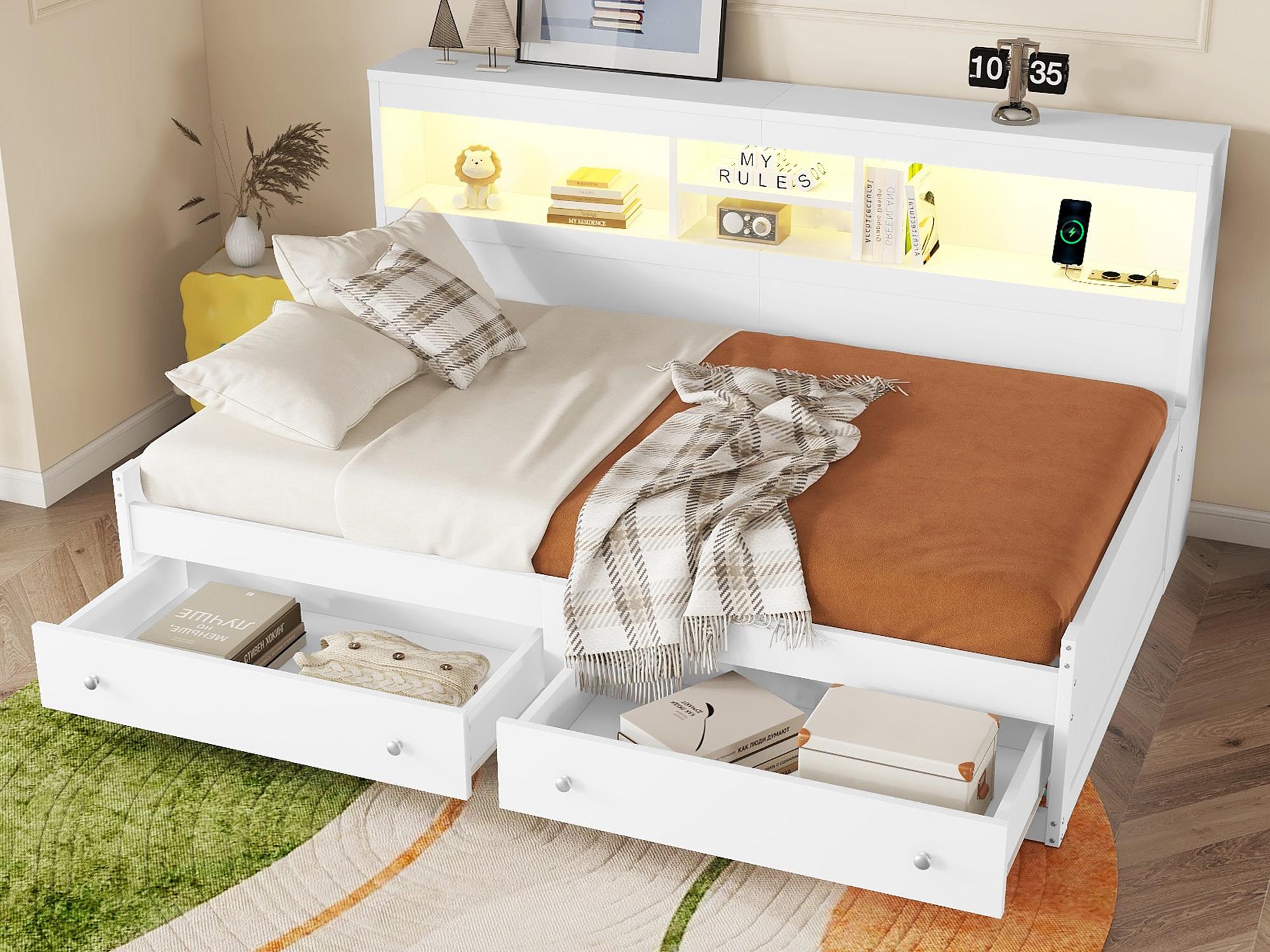 Letto singolo 90x200 cm con presa USB e cassetti rete a