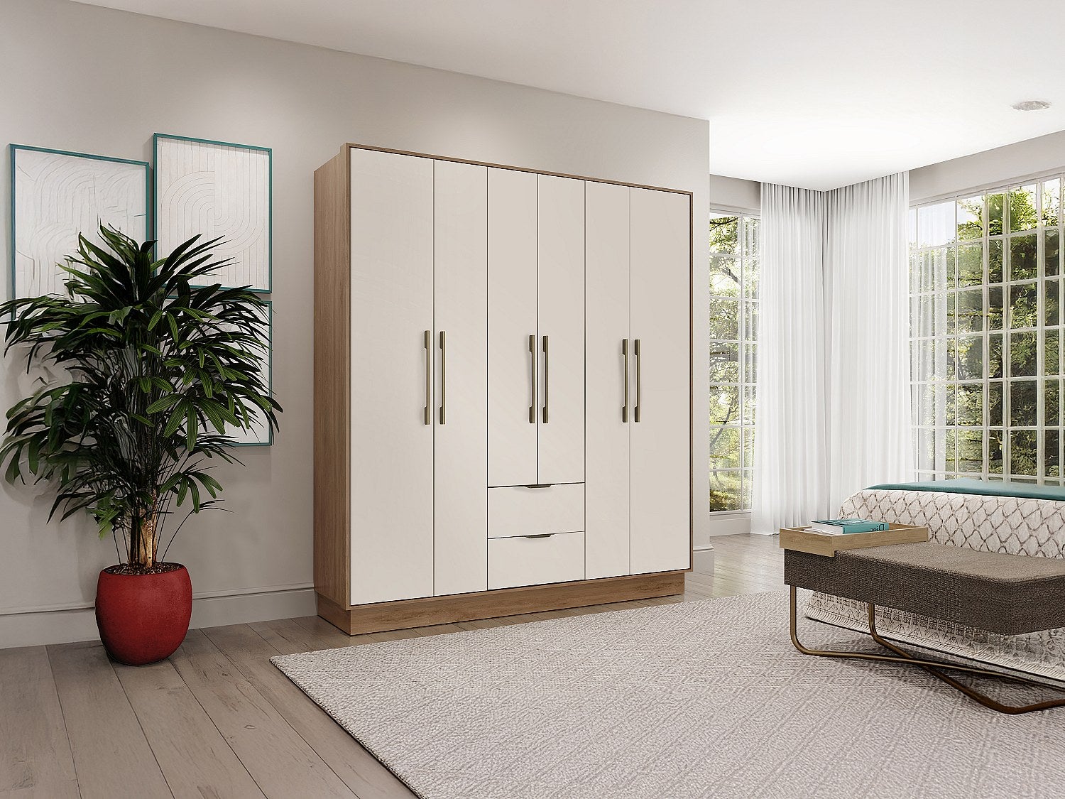 Armoire 6 portes et 2 tiroirs - L162 cm - Coloris : Beige et naturel - FEOVA - 6