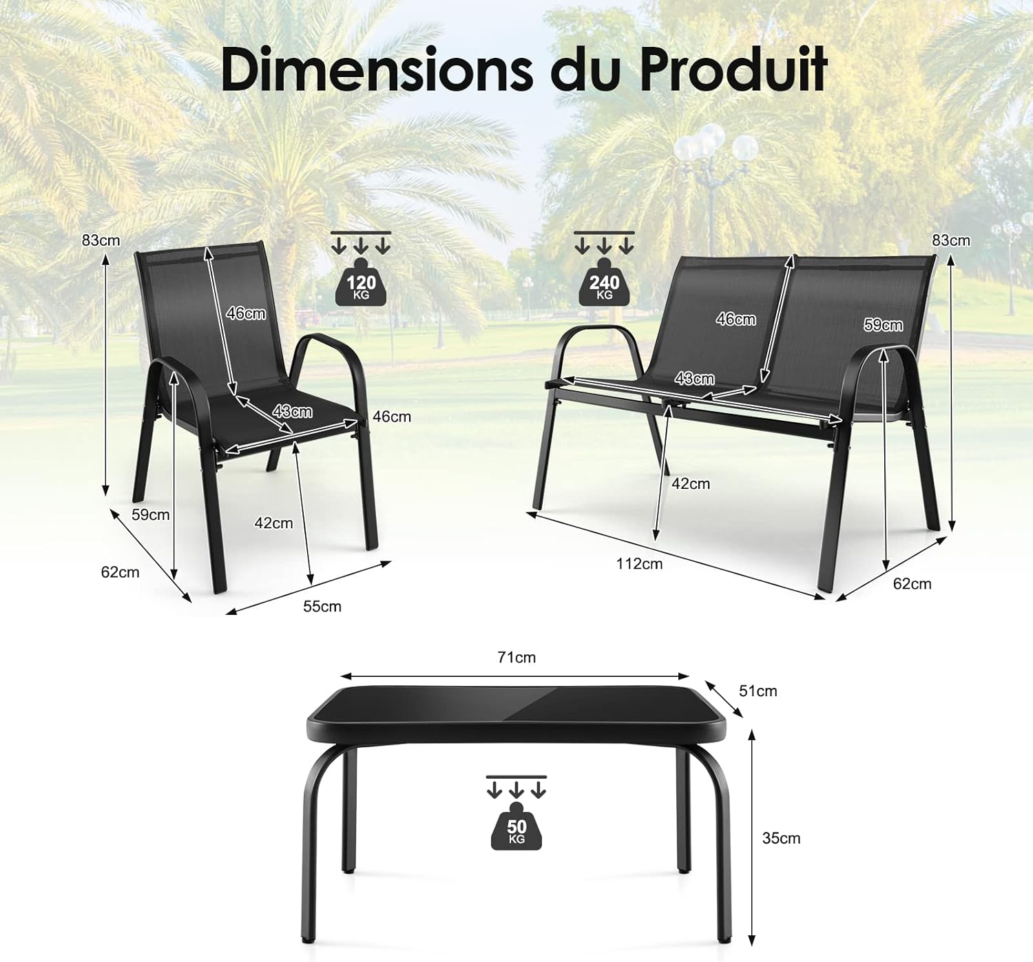 4 Pcs Ensemble de Meubles de Jardin avec 3 Chaises en Textilene, Lot de 4 Salon de Jardin 4 Personnes avec Table Basse,pour Jardin,Terrasse - 6