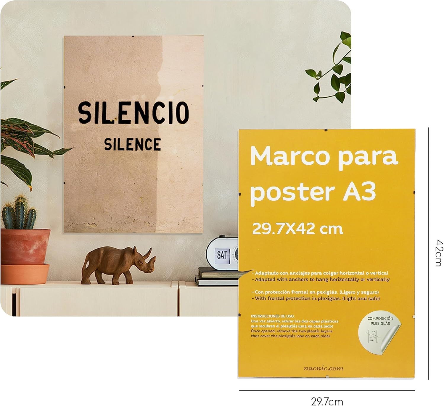 Nacnic - Lot de 8 Cadres A3 - Clip Bois MDF et Plexiglas-Photographie, Tirages, Décoration Murale pour Salon, Chambre et Bureau - 3