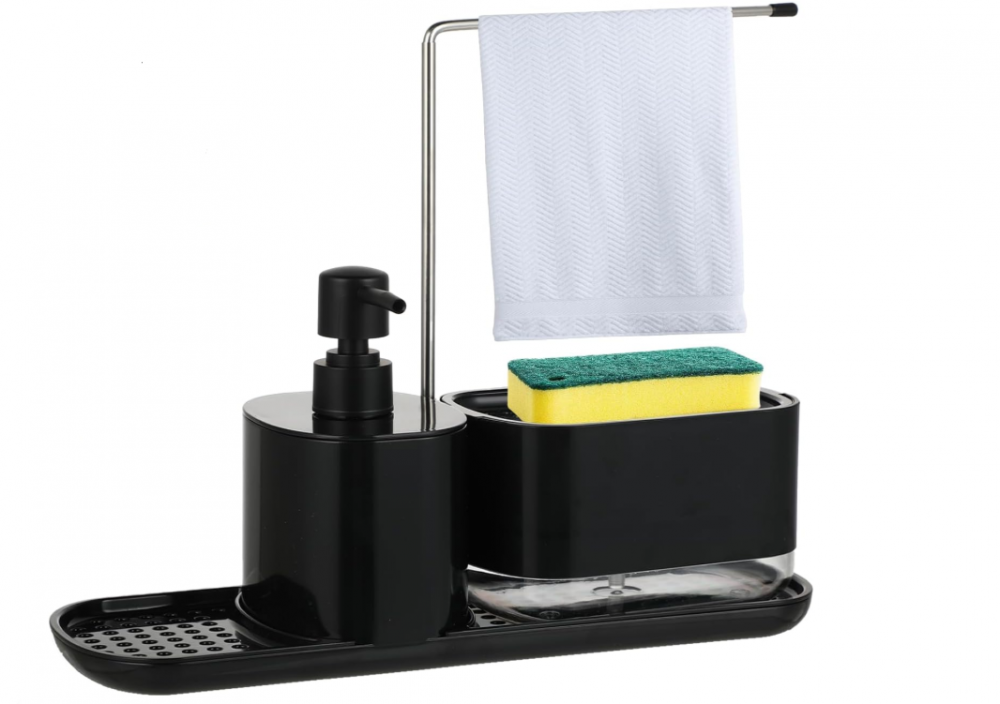 Czarny dozownik 2 w 1 do płynu do naczyń – Dozownik mydła do rąk i płynu do naczyń z uchwytem na mydło kuchenne