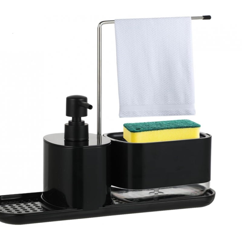 Czarny dozownik 2 w 1 do płynu do naczyń – Dozownik mydła do rąk i płynu do naczyń z uchwytem na mydło kuchenne