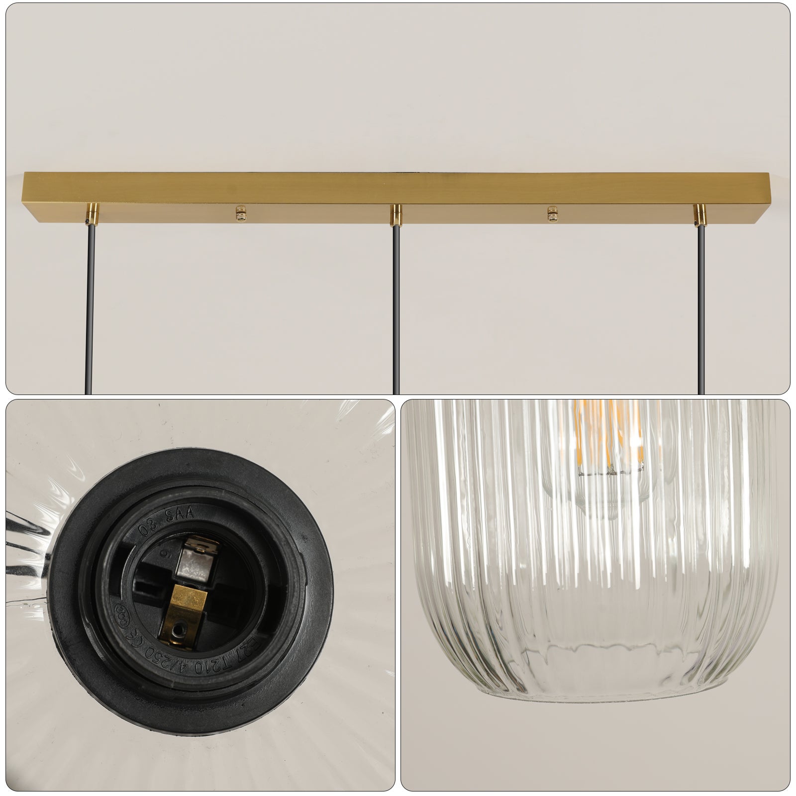 COMELY Suspension Linéaire 3 Lumières en Verre Transparent L72 cm, E27, Design Moderne Finition Laiton pour Cuisine, Îlot et Salle à Manger - 4