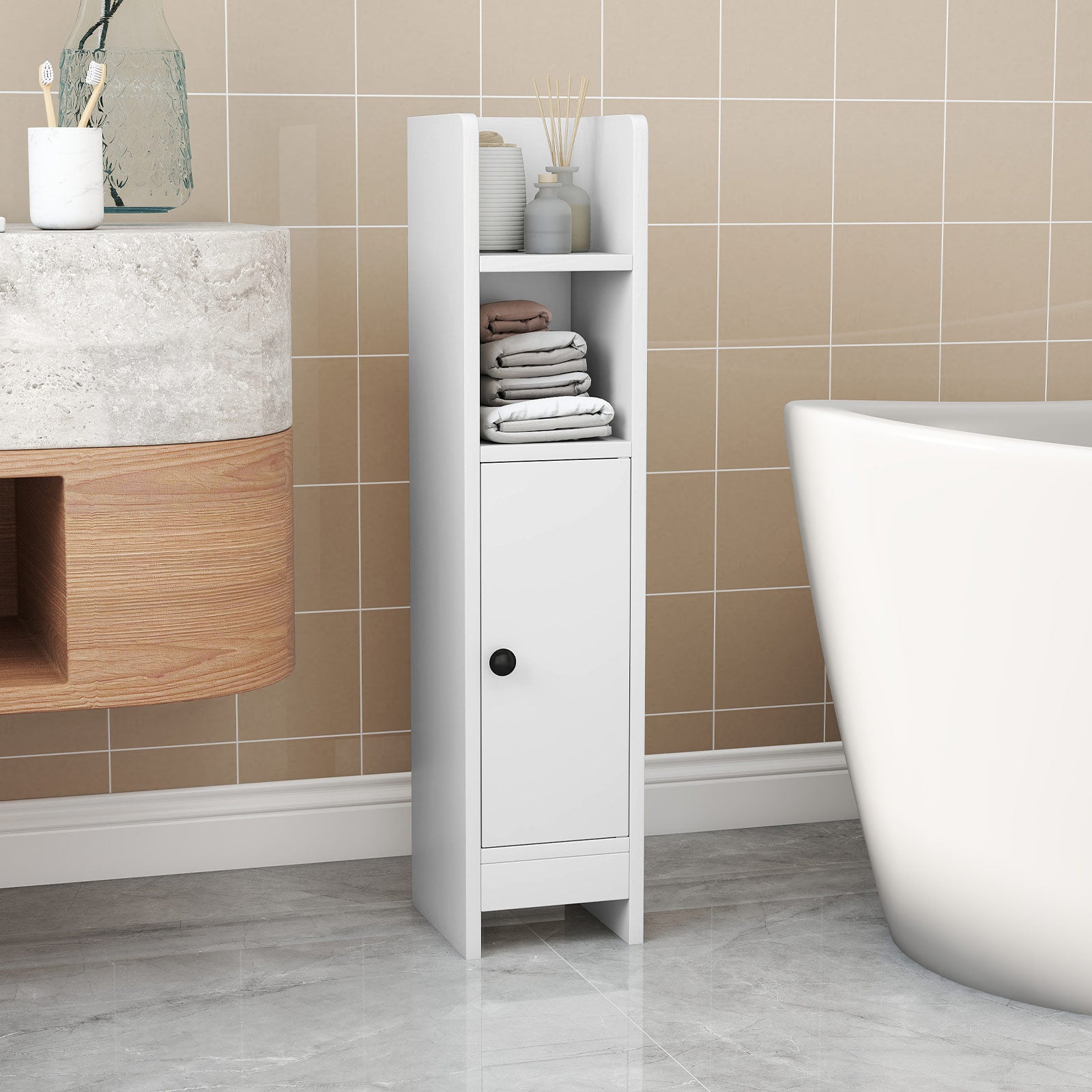 Colonne de Salle de Bain, Petit Armoire d'angle Etroit pour Papier Toilette avec Porte & Étagère Réglable, Gain de Place, 20 x 18 x 80 cm, Blanc - 2