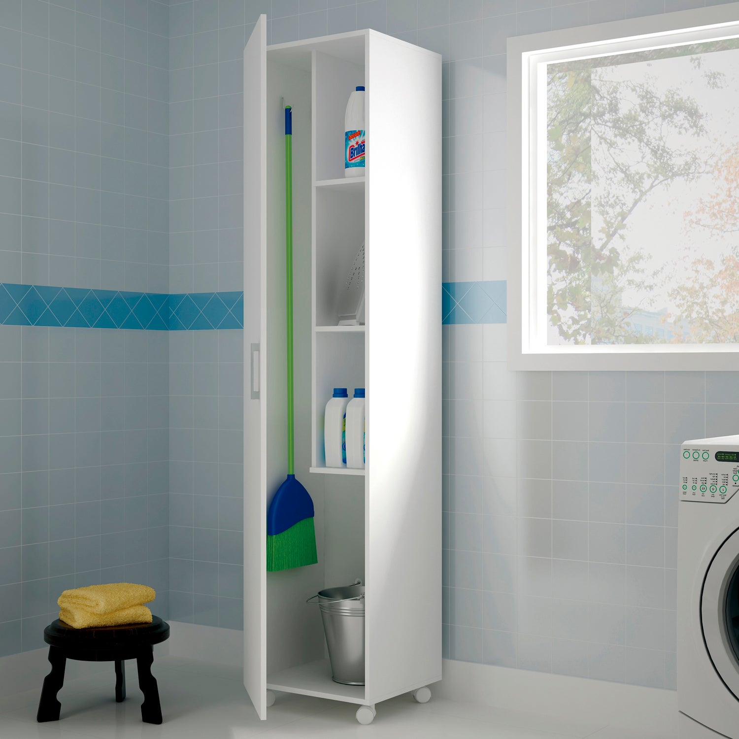 Armoire / placard de rangement avec 1 porte à roulettes coloris blanc - longueur 42 x profondeur 41 x hauteur 183 cm - 3