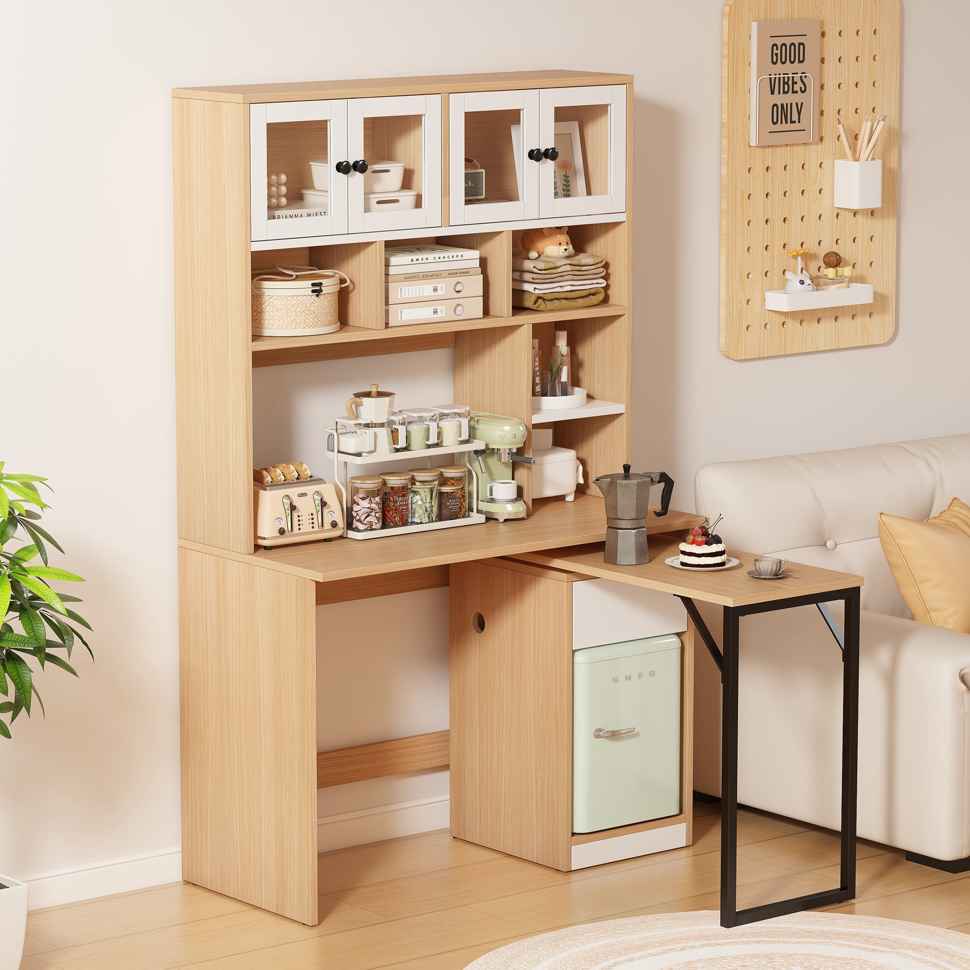 Bureau extensible d'ordinateur avec 1 tiroir, 4 portes et bibliothèque - 110 x 55 x 180 cm - bois MDF - naturel + blanc - 4