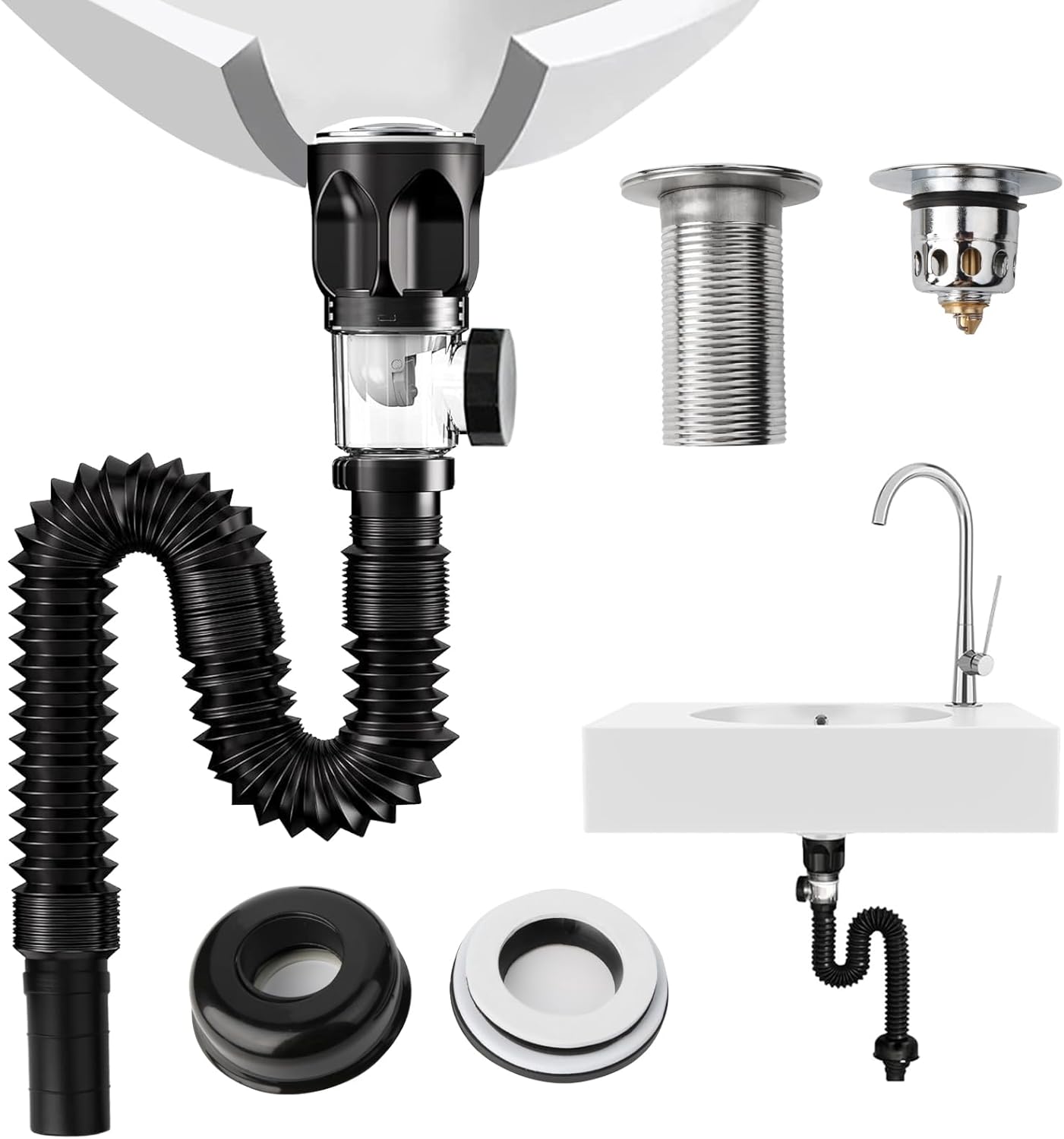 Leroy Merlin Kit De Desagüe Para Fregadero, Kit De Tubería De Desagüe Para Fregadero, Sifón, Filtro Emergente, 415 A 950 Mm, Extensible Negro 