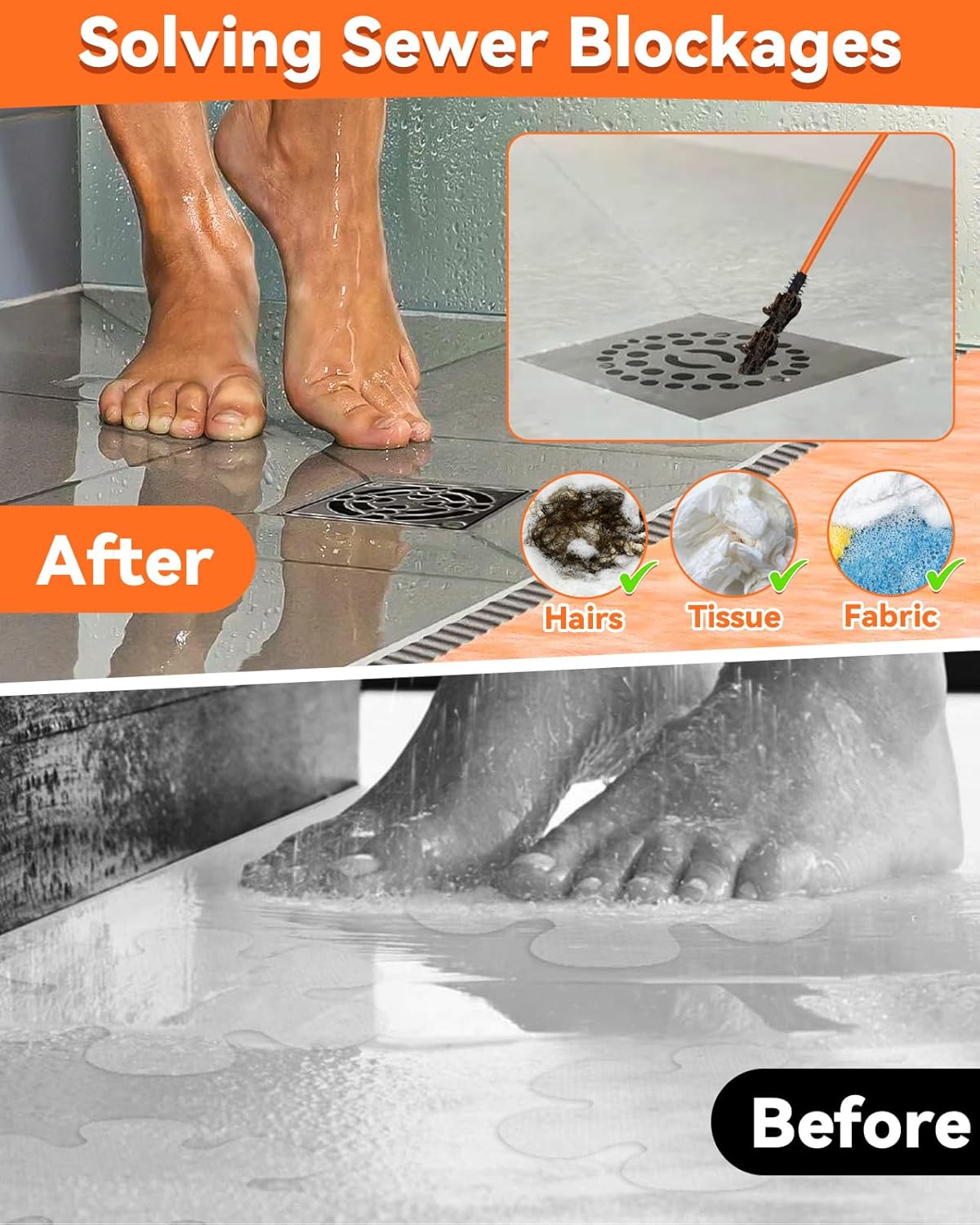 Set di 3 punte per la pulizia degli scarichi, 81 cm - Rivestimento in nylon antirottura, rimuove i capelli da doccia/vasca/lavandino - 3