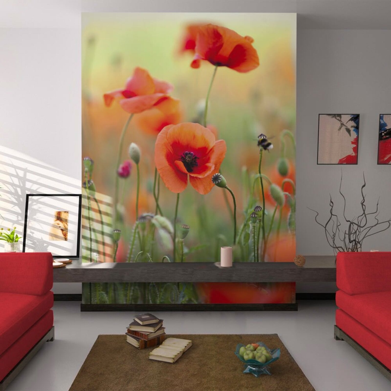 Papier Peint Photo Autocollant Kay – Aquarelle 3D Coquelicots Q2545 (Peinture Murale)