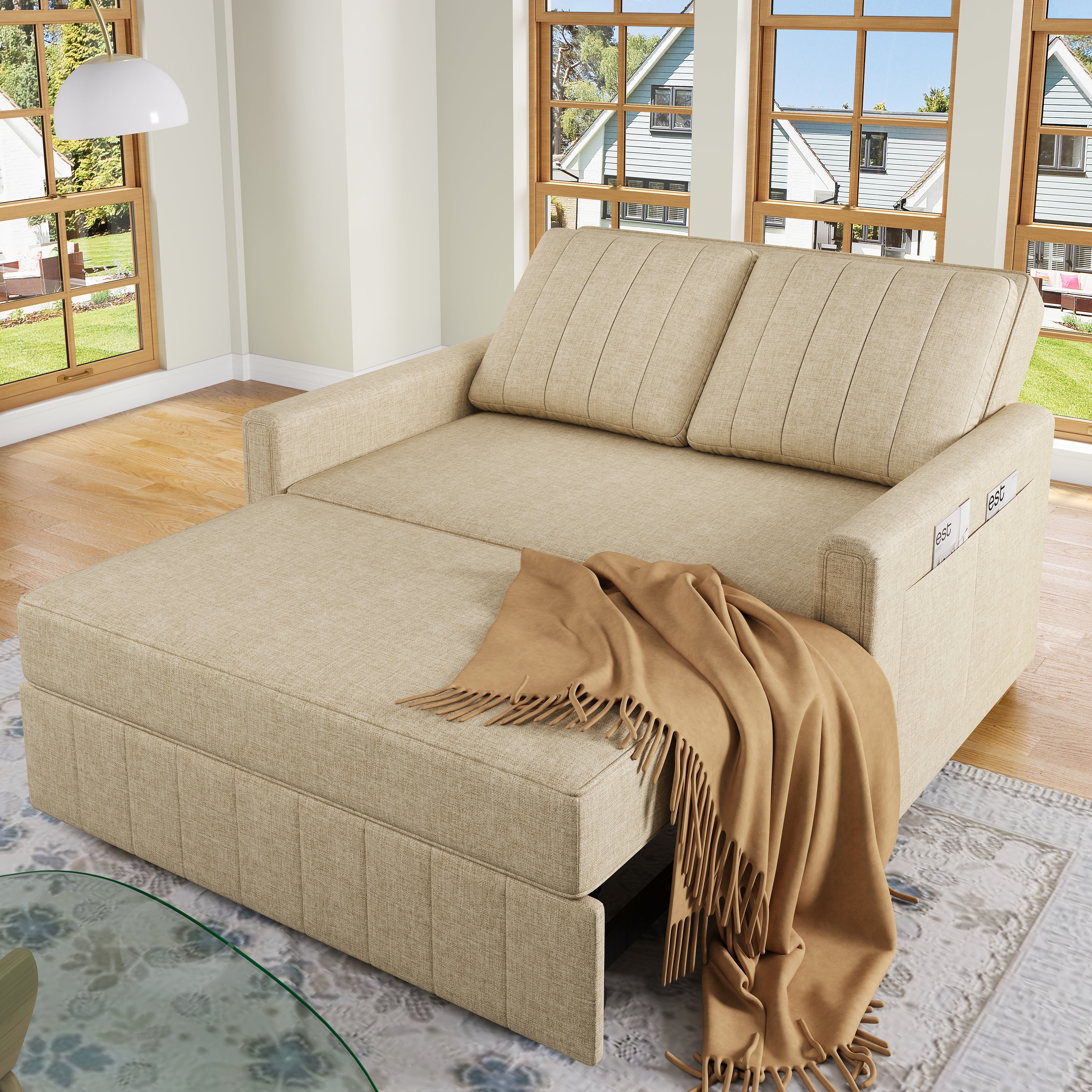 Beige Divano Letto Angolare CAVADORE Valerie In Vera Pelle Beige