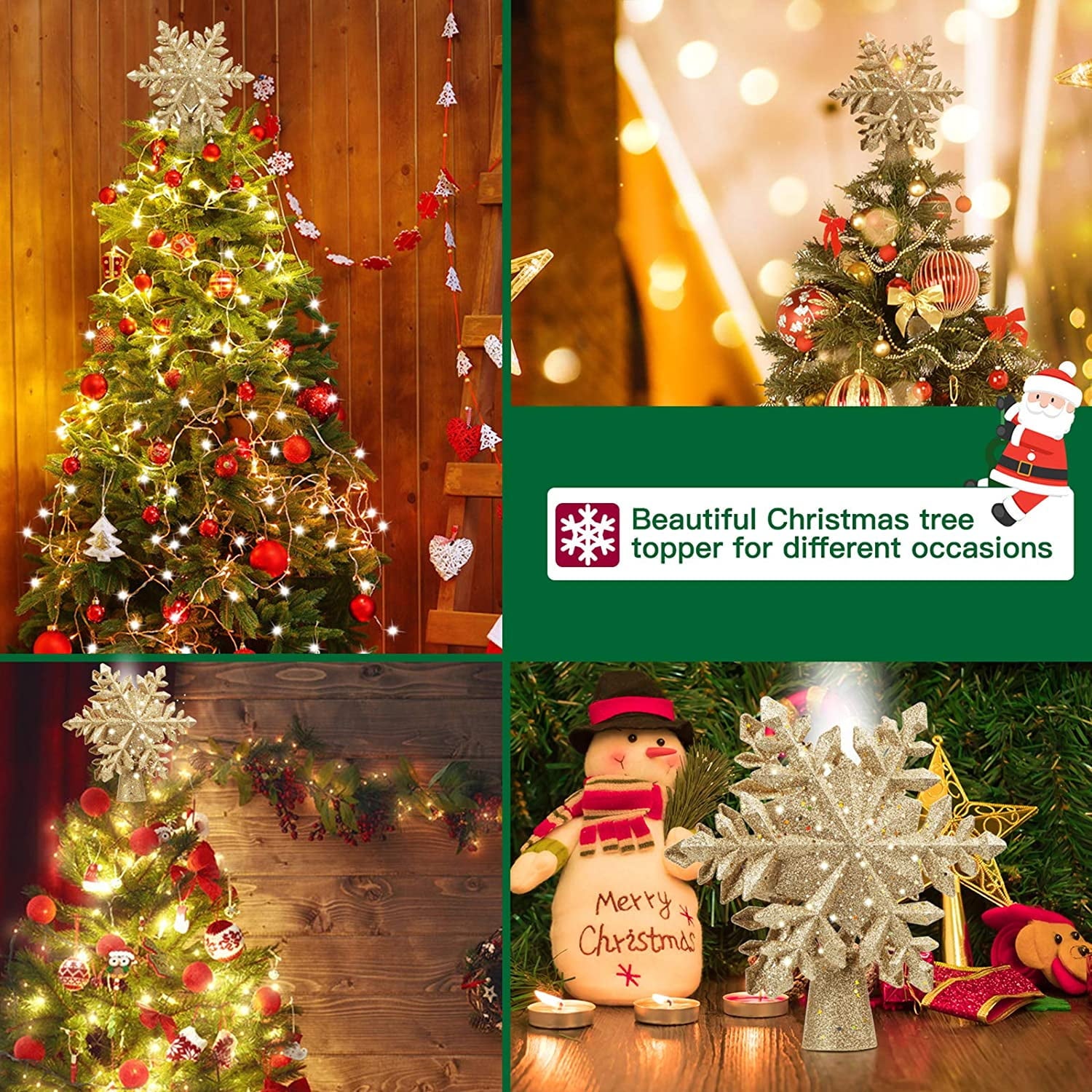 Cimier d'arbre de noël de 25cm avec projecteur de flocon de neige, flocon de neige magique rotatif à Led, ornement de noël à paillettes creuses 3D - 3