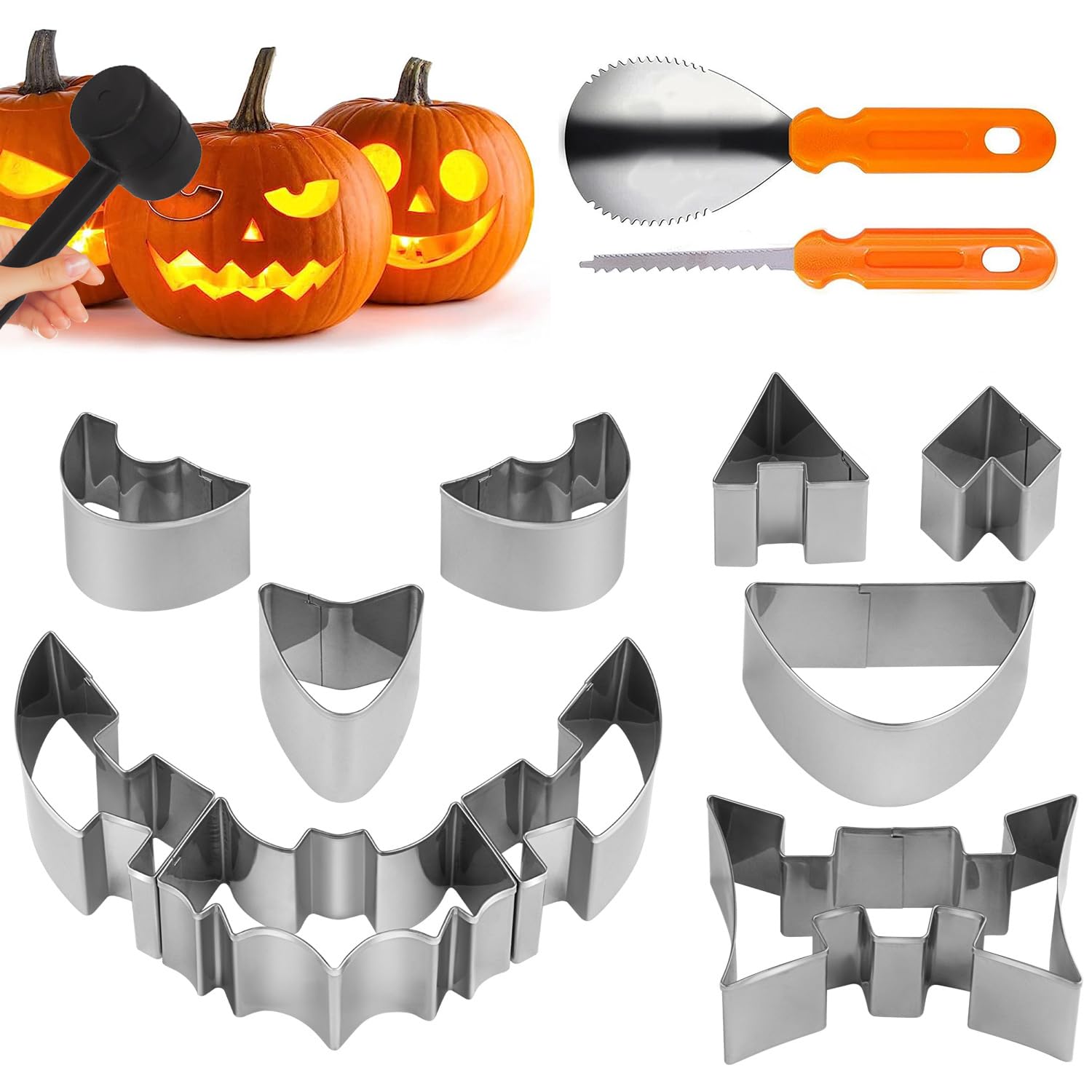 Zestaw do rzeźbienia dyni na Halloween, 13 elementów ze stali nierdzewnej, z młotkiem, do dekoracji Halloween DIY