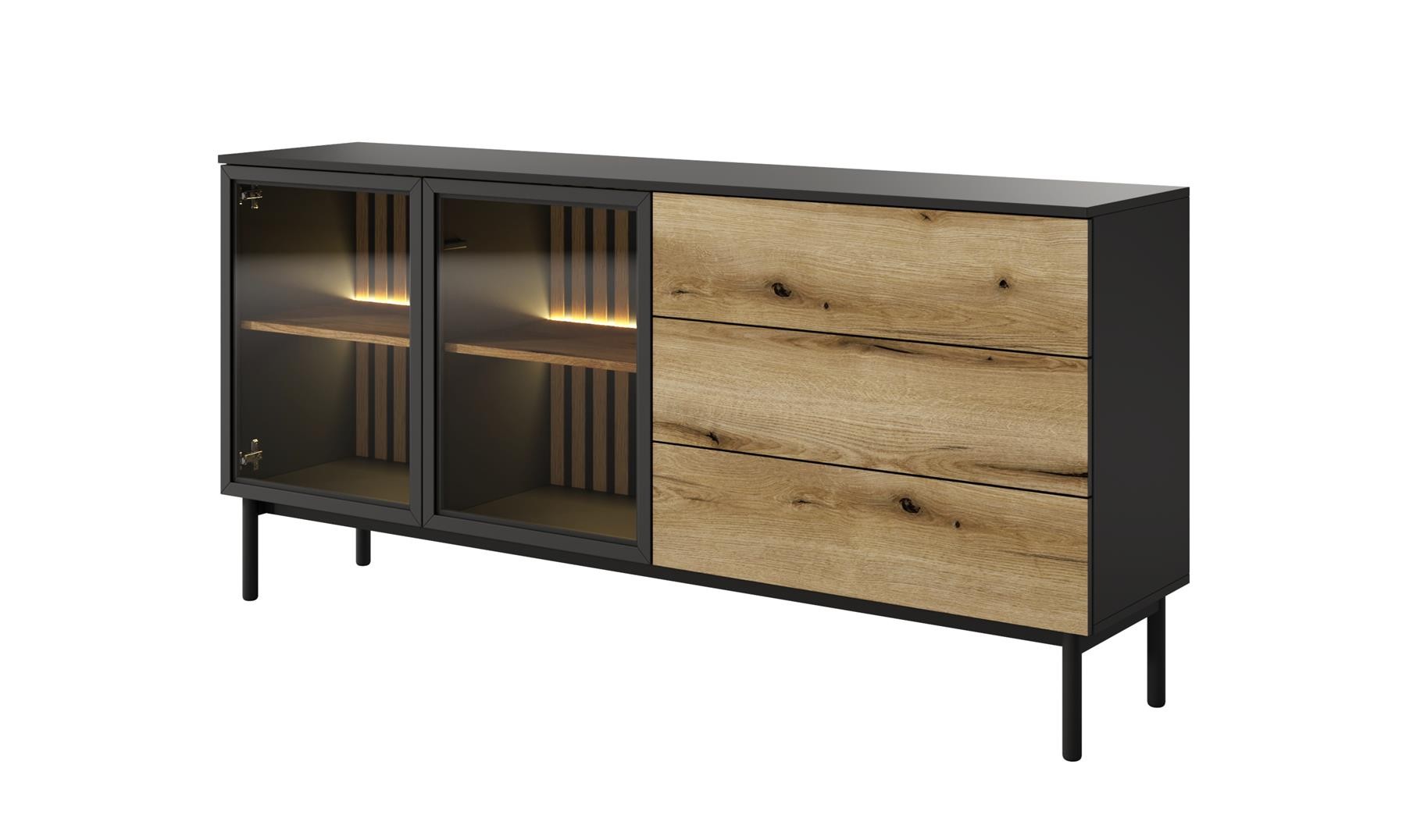 Elegancka komoda LANGO 180 cm z LED – czarna z dębem evoke, pojemna i nowoczesna do dużego salonu