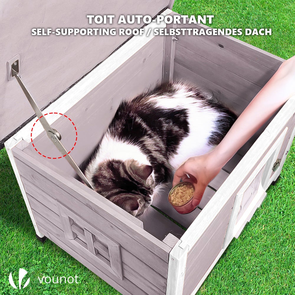 Maison pour chat niche en bois gris - toit bitumé autoportant et incliné - porte à lamelles - fenêtre en plexiglas - VOUNOT® - 6