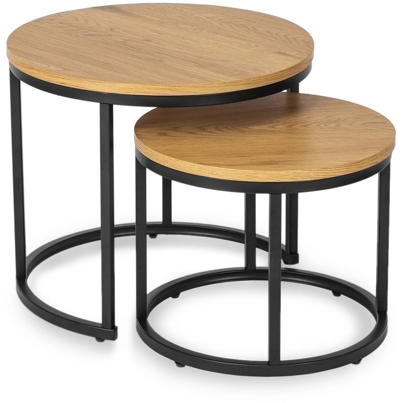 Stolik Kawowy Okrągły 2w1 Zestaw Loft Ława Do Salonu Dąb Złoty Czarny DELIA